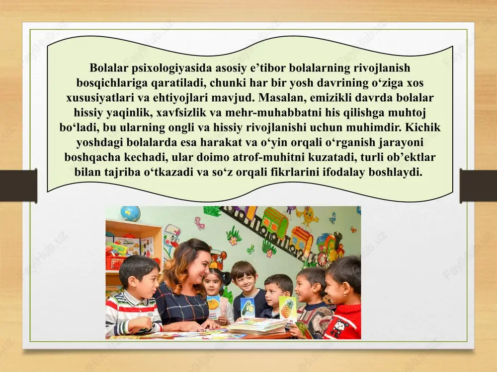 ini aniqlash va ularni bartaraf etish, hissiy barqarorlikni rivojlantirish, ijtimoiy ko‘nikmalarni mustahkamlash imkonini ham yaratadi. bolalar psixologiyasida kuzatish, suhbat, intervyu, test va eksperiment kabi metodlar keng qo‘llaniladi. kuzatish yordamida pedagog yoki psixolog bolaning xulq-atvorini, o‘yin jarayonini va ijtimoiy munosabatlarini o‘rganadi, suhbat va intervyu orqali uning fikrlash qobiliyati, his-tuyg‘ulari va ehtiyojlarini aniqlaydi. o‘yin orqali bola o‘z his-tuyg‘ularini ifodalaydi, ijodiy va ijtimoiy ko‘nikmalarni rivojlantiradi, yangi bilimlarni o‘zlashtiradi va stressni kamaytiradi. pedagoglar o‘yinlardan maqsadli tarzda foydalanib, o‘quv jarayonini qiziqarli va samarali qilishadi. bolalar psixologiyasida motivatsiya ham muhim ahamiyatga ega. bola ichki motivatsiya bilan o‘qishga, o‘rganishga va yangi ko‘nikmalarni egallashga intiladi. shu bois, pedagog va ota-ona bolaning qiziqishlarini qo‘llab-quvvatlashi, muvaffaqiyatlariga e’tibor berishi va rag‘batlantirishi lozim. oila, do‘stlar, maktab va jamoat muhitidagi munosabatlar bolalarning xulq-atvori, hissiy barqarorligi va ijtimoiy ko‘nikmalarini shakllantiradi. shu bois, pedagoglar va psixologlar bolalarni rivojlantirish jarayonida ijtimoiy omillarni hisobga olishlari zarur. bolalar psixologiyasining yana bir muhim yo‘nalishi stress va psixologik muammolar bilan …