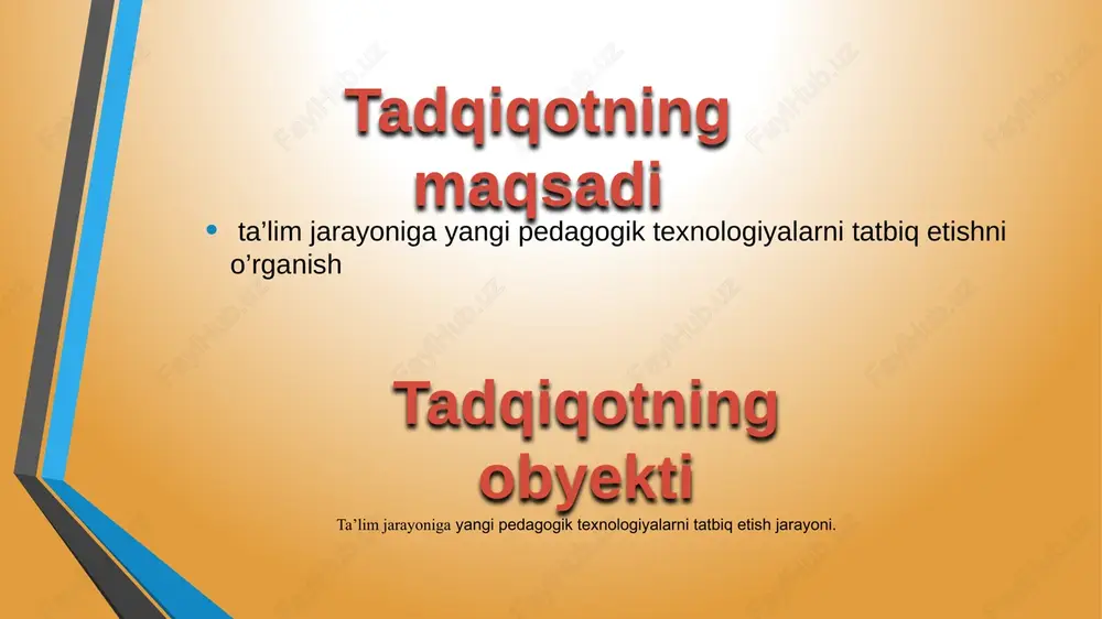ish paragraf umumiy xulosa foydalanilgan adabiyotlar ro’yxati pedagogik texnologiya bu – … pedagogik texnologiya tushunchasining shakllanishi va rivojlanishi tarihida turli qarashlar mavjud bo’lgan: u tehnik vositalar haqidagi ta’limot deb hamda o’qitish jarayonini loyihalashtirilgan holda izchil va muntazam tashkil etish deb talqin qilingan. hozir pedagogik texnologiyalarning bir qancha ta’riflari mavjud. v.p. bespalko pedagogik texnologiyani amaliyotga tatbiq qilinadigan muayyan pedagogik tizim loyihasi sifatida belgilaydi. u pedagogik tizim texnologiyalar ishlab chiqish uchun asos bo’ladi, deb hisoblaydi. bunda asosiy diqqat o’quv-pedagogik jarayonni oldindan loyihalashga qaratiladi, didaktik vazifa va o’qitish texnologiyalari tushunchasidan foydalaniladi. shu tariqa v.p. bespalko o’quv jarayonini loyihalash g’oyasini ilgari suradi, afsuski, pedagogik texnologiya va loyiha tushunchalari haqida aniqlik yo’q. pedagogik texnologiya ta’lim jarayoniga jadallik bilan kirib borayotgan bo’lsa ham, uning maqomi noaniqligicha qolib ketmoqda. tadqiqotchilarning ishlarida fan va amaliyot oralig’idan o’rin egallamoqda. o’quv jarayonini amalga oshirishning mazmuniy tehnikasi” (v.p. bespalko). pedagogik texnologiya rejalashtirilgan o’qitish natijalariga erishish jarayoni tavsifi” (i.p. volkov). talaba va …