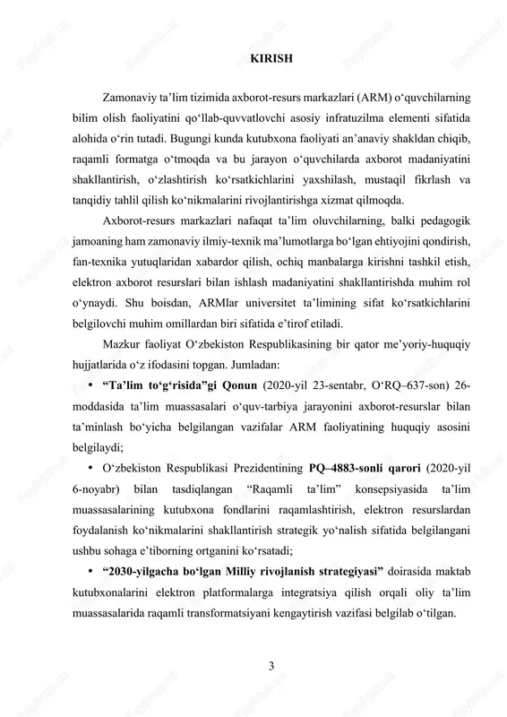 rs markazi (arm) oliy ta’lim muassasalarida bilim va axborot makonini shakllantirishga qaratilgan innovatsion infratuzilma sifatida faoliyat yuritadi. mazkur markazning shakllanishida universitet kutubxonasi negiz bo‘lib xizmat qilgan bo‘lsa-da, uning funksional doirasi an’anaviy kutubxona faoliyatidan ancha kengaygan. arm alohida ajratilgan, gigiyena va xavfsizlik talablariga to‘liq javob beradigan, tabiiy va sun’iy yoritish tizimi bilan jihozlangan, ergonomik mebel vositalari bilan ta’minlangan qulay muhitga ega. bu holat o‘quvchilar va pedagog xodimlarning samarali bilim olish va ilmiy-ijodiy izlanish olib borishiga sharoit yaratadi. armning asosiy tamoyili — ochiqlik, tezkorlik va teng imkoniyatlar asosida foydalanuvchilarni zamonaviy axborot resurslari bilan ta’minlashdir. markazda 8000 dan ortiq bosma adabiyotlar mavjud bo‘lib, ular universitet fanlariga oid o‘quv qo‘llanmalar, badiiy asarlar, fanning turli yo‘nalishlari bo‘yicha metodik materiallar, lug‘atlar, ensiklopediyalar hamda ilmiy-ommabop nashrlarni o‘z ichiga oladi. ushbu fond muntazam yangilanib boriladi va yoshga mos, didaktik yondashuv asosida saralanadi. texnik jihozlanish darajasi ham markazning funksional salohiyatini belgilovchi asosiy omillardandir. armda hozirgi kunda 5 ta ishchi …