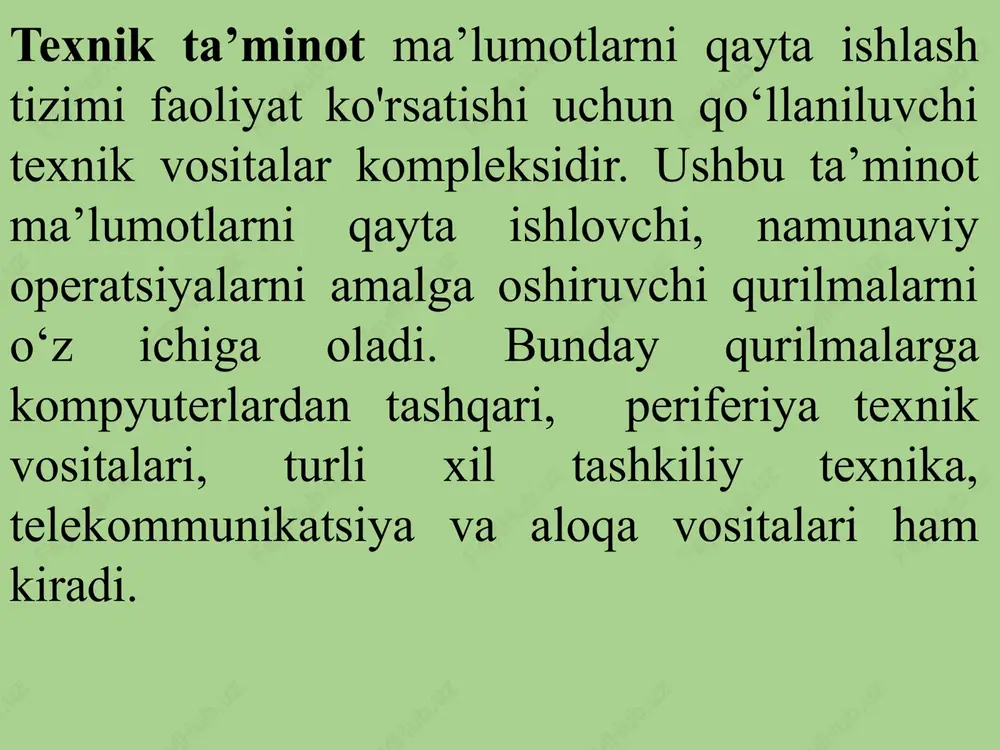 dagi modulyator signalini modulyatsiya qiladi, ya'ni kiruvchi signallarning xususiyatlarini o'zgartiradi, demodulyator teskari jarayonni amalga oshiradi. marshrutizator - turli xil segmentlar o'rtasida paketlarni yo'naltiradigan qurilma. • tarmoq kommutatori (inglizcha switc - kalit) - kompyuter tarmog'ining bir nechta tugunlarini ulash uchun mo'ljallangan qurilma. • simsiz kirish nuqtasi (wap) - mavjud tarmoqqa simsiz ulanishni ta'minlash yoki yangi simsiz tarmoq yaratish uchun mo'ljallangan qurilma. 4. kompyuter tizimlarining dasturiy ta’minoti. dasturiy ta'minot (software) deb hisoblash tizimi tomonidan bajariladigan dasturlar to'plamiga aytiladi. kompyuterning o'zi ish bajara olmaydi. ushbu ishlarning barchasi kompyuter dasturlari yordamida bajariladi. kompyuter dasturlarini 3 toifaga bo'lish mumkin: • foydalanuvchilar uchun zaruriy ishlarning bajarilishini bevosita ta'minlovchi amaliy dasturlar; • turli xil yordamchi funktsiyalarni bajaradigan tizim dasturlari, masalan: kompyuter resurslarini boshqarish, kompyuter qurilmalarining ishlashini tekshirish, kompyuter haqida ma'lumot berish va hk.; • kompyuter uchun yangi dasturlarni yaratish uchun mo’ljallangan instrumental dasturlar. • amaliy dasturiy ta'minot quyidagilarni o'z ichiga oladi: 1. matn muharrirlari va protsessorlari, elektron …