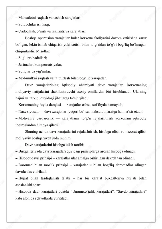 an tashqari, lekin umumiy faoliyatini yuritish uchun zarur bo‘lgan xarajatlardir. ularni to‘g‘ri hisobga olish, tahlil qilish va nazorat qilish korxona foydasini oshiradi, iqtisodiy barqarorlikni ta’minlaydi hamda boshqaruv qarorlarini qabul qilishda muhim axborot manbai bo‘lib xizmat qiladi. davr xarajatlari auditining maqsadi va vazifalari davr xarajatlari auditining maqsadi va vazifalari korxonaning moliyaviy holatini, xarajatlarni boshqarish samaradorligini va iqtisodiy faoliyatini baholashga qaratilgan. quyida auditning asosiy maqsadlari va vazifalari keltirilgan: maqsadlari: 1. xarajatlarni tahlil qilish: davr xarajatlarini tahlil qilish orqali korxonaning xarajatlar strukturasini aniqlash va ularning samaradorligini baholash. 2. samaradorlikni oshirish: xarajatlarni optimallashtirish va samaradorligini oshirish uchun imkoniyatlarni aniqlash. 3. moliyaviy nazorat: korxonaning moliyaviy holatini nazorat qilish va xarajatlar bo'yicha hisobotlarni to'g'rilash. 4. xarajatlar bo'yicha rejalashtirish: kelajakdagi xarajatlarni rejalashtirish va prognoz qilishda yordam berish. 5. ichki nazorat tizimini baholash: korxonada ichki nazorat tizimining samaradorligini baholash va uni takomillashtirish uchun tavsiyalar berish. vazifalari: 1. xarajatlar hisobini tekshirish: davr xarajatlari hisobining to'g'riligi va to'liqligini tekshirish. 2. …