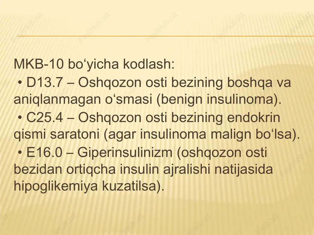 hajmli shakllanish (strelka) aniqlanadi. oktreoksan konservativ davo. prinsiplar gipoglikemik sharoitlarni bartaraf etish va oldini olish. o'simta jarayoniga ta'siri. bemorni tez-tez ovqatlantirish. dori terapiyasi 1) giperglisemik vositalar: - adrenalin ( epinefrin ); - norepinefrin; - glyukagon. ). dori terapiyasi 2) glyukokortikoidlar : - difenilgidantoin ( difenin ); - diazoksid ( giperstat , proglikemiya ‹#› kimyoterapiya streptozotsin iv infuzion , sutkalik doza - 2 g gacha, kurs dozasi - 30 g gacha. doksorubitsin ( adriamitsin , adriablastin , rastotsin ). image3.jpg image4.jpg image5.jpg image6.jpg image7.jpg image8.jpg image9.png image10.jpg image11.jpg image12.jpg image13.jpg image14.jpg image15.jpg image16.jpg image17.jpg image18.jpg image19.jpg image20.jpg image21.png image22.jpg image23.jpg image24.jpg image25.jpg image26.jpg image27.jpg image1.png