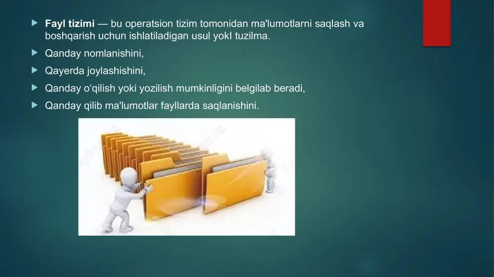 (ot) — bu kompyuter resurslarini boshqaruvchi dasturiy ta’minot bo‘lib, u ma’lumotlarni saqlash va ularga kirishni boshqarishda asosiy rol o‘ynaydi. ichki saqlash qurilmalari (primary storage)bu qurilmalar tezkor (volatile) xotira turiga kiradi. ya’ni, elektr o‘chirilganda undagi ma’lumotlar yo‘qoladi. ram (random access memory) — vaqtinchalik ma’lumotlarni saqlash. cache — protsessor bilan operativ xotira o‘rtasidagi tezkor bufer.registerlar — eng tezkor va kichik xotira, cpu ichida bo‘ladi. tashqi saqlash qurilmalari (secondary storage)bu qurilmalar doimiy (non-volatile) saqlash uchun ishlatiladi. operatsion tizim fayl tizimi orqali ularga ma’lumotlarni yozadi, o‘qiydi va boshqaradi. asosiy tashqi qurilmalar: hdd (hard disk drive) — magnitli disk asosida ishlaydi, katta hajmli va arzon. ssd (solid state drive) — tezkor va ishonchli, lekin nisbatan qimmatroq. flash xotira — usb fleshka, sd-karta, telefonlarda qo‘llaniladi cd/dvd — optik disklar, hozir kamroq ishlatiladi. nas (network attached storage) — tarmoqqa ulangan saqlash tizimi. fayl tizimlari va ma’lumotlarni saqlash — operatsion tizimlar arxitekturasi va funksionalligida muhim o‘rin tutadi. ma’lumotlarni …