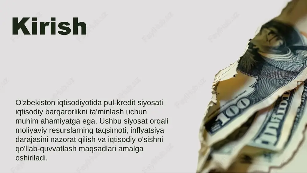 iyosati inflyatsiya nazorati pul mablag'larini boshqarish markaziy bank o'zbekiston iqtisodiyotini barqarorlashtirish uchun muhim vazifalar bajaradi. u pul-kredit siyosatini ishlab chiqadi va amalga oshiradi. pul-takas siyosati orqali markaziy bank pul massasi va kredit miqdorini nazorat qiladi. bu iqtisodiy o'sishni rag'batlantirishda muhimdir. inflyatsiya nazorati markaziy bankning asosiy maqsadidir. u narxlar barqarorligini saqlashga harakat qiladi, shuningdek, inflyatsiya darajasini pasaytirishga intiladi. pul mablag'larini boshqarish investitsiya va iste'molni qo'llab-quvvatlashda ahamiyatlidir. markaziy bank banklar bilan hamkorlikda iqtisodiyotni rivojlantiradi. pul-kredit siyosatining asosiy vositalari o'zbekiston iqtisodiyotida pul-kredit siyosati iqtisodiy o'sishni ta'minlash uchun muhimdir. asosiy vositalar qatoriga pul massasi nazorati, foiz stavkalarini belgilash va rezerv talablari kiritiladi. bu vositalar moliyaviy tizimning barqarorligini saqlash uchun xizmat qiladi. qarz berish va foiz stavkalari o'zbekistonda qarz berish va foiz stavkalari pul-kredit siyosatining muhim vositalaridir. ular iqtisodiy o'sishni rag'batlantirish, investitsiyalarni jalb etish va moliyaviy barqarorlikni ta'minlashda yordam beradi. foiz stavkalarining boshqarilishi iqtisodiy faoliyatga ta'sir qiladi. xulosa o'zbekiston iqtisodiyotida pul-kredit siyosatining asosiy vazifasi inflyatsiyani …