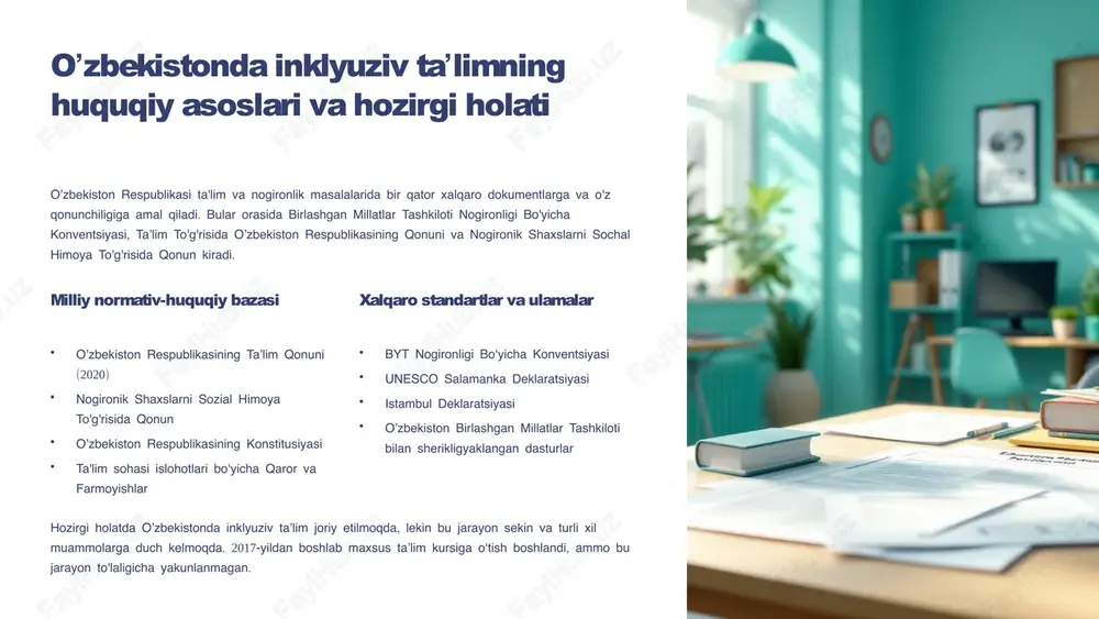 im o'rin tutadi. bu yondashuvlar har bir bolaning o'ziga xos talablarini, qiziqishlarini va o'rganish uslubini hisobga oladi. individuallashtirilgan ta'lim rejasi (itp) har bir bolaning uchun o'z kompetent va psixolog tomonidan tuzilgan individual ta'lim rejasi yaratiladi, u o'z kuch va zaʻiflikka mos keladi. kognitiv pedagogikasi o'rganuvchi jarayonida bolaning ichki kognitiv strukturasini takomillashtirish, mantiqiy fikrlashni rivojlantirish va muammolarni hal qilish ko'nikmalarini shakllantirish. konstruktiv ta'lim nazariyasi bolalar o'z bilimlari va tajribalarini asosida yangi tushunchalarni mustaqil tuzib oladi, bu ularning haqiqiy ta'lim va tushinchagini takamlaydi. emosional ta'minot va psixologik qo'llab-quvva o'qituvchi va mutaxassislar maxsus ehtiyojli bolalarga emosional qo'llab-quvva, motivatsiya va o'z-o'ziga ishonch berish orqali ularning psixologik salomatligi takamlaladi. 5 umumtaʼlim maktablarida inklyuziv muhitni yaratish: infrastruktura va resurslar inklyuziv muhitni yaratish uchun maktablar fozil infrastruktura va zarur resurslarni tayyorlashi kerak. bu faqat jismoniy muhitni o'zgartirish emas, balki ta'lim jarayonini bir jumada almashtirishni anglatadi. jismoniy infrastruktura rampa, lift, yozuv podiums, qulay hojatxonalar, braille signalizatsiyasi, esguvchi jihozlar …