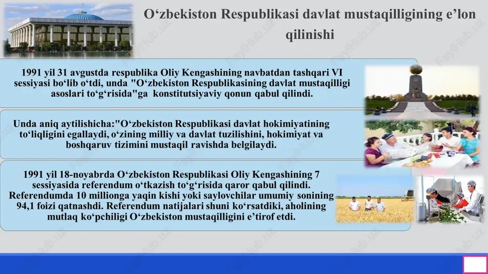 chi kitob. - toshkent: sharq, 2000 y. 5.saidov a.x. natsionalnie parlamenti mira: ensiklope­dicheskiy spravochnik. - m.: volters kluver, 2005 g. 6.tyurikov v., shagulyamov r. po puti. - tash­kent: izd-vo g. gulyama, 2000 g. e'tiboringiz uchun rahmat! 16 *