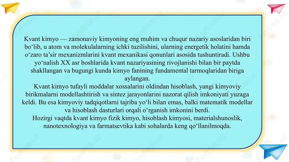 tijalarni tahlil qilish va reaksiya mexanizmlarini oldindan bashorat qilish imkonini beradi. kvant modellashtirish farmatsevtika, materialshunoslik va nanotexnologiya sohalarida keng qo‘llanilib, yangi moddalar va materiallar yaratishda ilmiy asos bo‘lib xizmat qilmoqda. kvant kimyo biologik molekulalarning tuzilishi va ularning o‘zaro ta’sirini aniqlashda muhim rol o‘ynaydi. dori moddalarning oqsil bilan bog‘lanish energiyasini hisoblash, fermentlar faol markazining tuzilishini modellashtirish kvant kimyoviy metodlar orqali amalga oshiriladi. molekulyar orbital nazariyasi yordamida dori molekulalarining reaktivligi, toksikligi va samaradorligi oldindan prognoz qilinadi. zamonaviy farmatsevtikada gaussian va spartan kabi dasturlar yangi preparatlar dizaynida keng ishlatiladi. shu orqali tajriba jarayonlari soddalashadi va dori yaratish uchun sarflanadigan vaqt kamayadi. muammo 1: kvant kimyo nazariyasining murakkabligi, matematik formulalar va abstrakt tushunchalar ko‘pchilik uchun tushunarsiz. muammo 2: kvant kimyoviy hisob-kitoblar uchun kuchli kompyuter texnikasi va maxsus dasturlar talab etiladi. muammo 3: nazariy hisob-kitoblar va amaliy tajriba natijalari har doim ham to‘liq mos kelmaydi. muammo 4: kvant kimyo sohasida malakali mutaxassislar yetishmaydi. yechim: ta’lim …