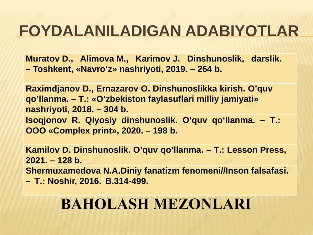 shunoslik sohalari din psixologiyasi din falsafasi din psixologiyasi, insonga oid bo'lgan diniy hayotning turli jihatlarini psixologik jihatdan o'rganadi din psixologiyasi dinning psixologik jihatini, shaxsning diniy tajribasini va bu tajribaning turli ko'rinishlarini bayon qilishga harakat qiladi dinning inson ruhidagi asosiy xususiyatlari xatti-harakatlarga bo'lgan ta'siri to'g'risida atroflicha to'xtaladi din falsafasi, «din»ni falsafadan kelib chiqib tadqiq qiladi bu tadqiqot asnosida aqliy va betaraf yo'l tutadi. bu ilm turi, qandaydir bir yaratuvchi kuch e'tiqodiga falsafiy bir asos topishga harakat qiladi. din falsafasi sohasida faoliyat ko'rsatuvchilarning maqsadi dinning haq yoki botil ekanligi masalasi bilan mashg'ul bo'lish emas, diniy hukmlarning mantig'i va mohiyatini ochib berishdir din falsafasi, dinning mohiyati, insonning diniy haqiqatlar bilan bo'lgan bog'liqligini o'rganadi dinshunoslik fanining sohalari din va dinshunoslikning vujudga kelishi din «دان» («da'na») fe'lidan yasalgan bo'lib, «kimgadir bo'ysunmoq, bo'yin egmoq, itoat etmoq, kimdandir qarzdor bo'lmoq, e'tiqod qilmoq, qilgan ishiga yarasha mukofotlamoq»; o'zbek tili lug'at adabiyotlarida «din» - ishonch, ishonmoq, e'tiqod, mulk, hukm, …