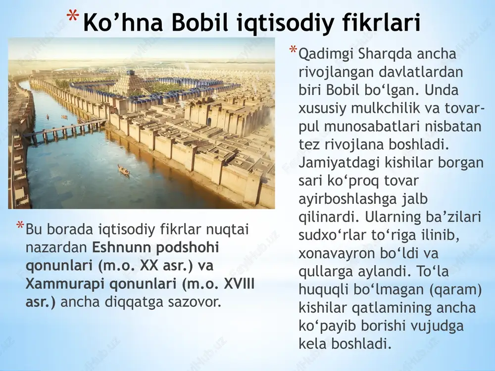 yashagan. din qadimgi eron hududida paydo bo‘lib, keyinchalik ahamoniylar, parfiylar va sosoniylar imperiyalarining davlat dini bo‘lgan. asosiy manbasi — avesto kitobi. unda diniy qo‘shiqlar (gatlar), qonunlar va marosimlar jamlangan. 2. asosiy aqidalar ahura mazda – yagona oliy xudo, yaxshilik va adolatning manbai. angra mainyu (ahriman) – yovuzlik ruhi, doimiy kurashchi. koinot yaxshilik va yovuzlik o‘rtasidagi abadiy kurash maydoni deb qaraladi. insonning vazifasi – yaxshilik tarafida turib, yovuzlikka qarshi kurashish. 3. etik tamoyillar zardushtiylik shiorlari: “yaxshi o‘y, yaxshi so‘z, yaxshi amal” (humata, hukhta, huvarshta). mehnat, halollik, poklik eng oliy qadriyat hisoblangan. isrofgarchilik, yolg‘on, zulm qattiq qoralanadi 4. ibodat va marosimlar asosiy ibodat joyi — otashkada (olov ibodatxonasi). abadiy olov dinning muqaddas ramzi bo‘lib, u ahura mazda nuri sifatida qaraladi. diniy marosimlarda suv, tuproq, havo va olov — muqaddas unsurlar hisoblanadi. zardushtiylikda o‘liklarni tuproqqa yoki suvga qo‘ymasdan, “xira minoralar”da (daxma) qushlarga tashlash odati mavjud bo‘lgan. 5. bayramlari navro‘z – yangi yil, bahorning …