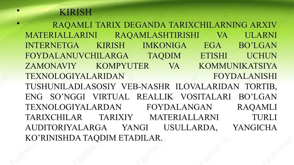 i interaktiv va qiziqarli qilmoqda, talabalarni tarixiy bilimlarni oson va samarali o'zlashtirishga yordam beradi. amaliy imkoniyatlar raqamli tarix yondashuvlari yordamida tarixiy materiallarni vizuallashtirish, simulyatsiya qilish va keng auditoriyaga yetkazish imkoniyatlari kengaymoqda. raqamli tarix tushunchasining tarixiy va madaniy kontekstda o'rni 1 tarixiy kontekst - raqamli tarix, tarixiy jarayonlarni yangi texnologiyalar yordamida o'rganish va tushunishga imkon yaratib, madaniy merosni saqlashda muhim rol o'ynaydi. 2 madaniy ahamiyat - digital texnologiyalar madaniy hodisalarni vizualizatsiya qilib, tarixiy yodgorliklar va an'analarni yosh avlodga etkazishda muhim vositadir. 3 zamonaviy yondashuv - raqamli tarix, tarixiy ma'lumotlarni tez va samarali tahlil qilish, keng auditoriyaga yetkazish imkoniyatini yaratib, madaniyat va tarixni rivojlantiradi. raqamli tarix tushunchasining xalqaro hamjamiyatda qabul qilinishi va rivojlanishi 1 xalqaro qabul qilish jarayoni raqamli tarix tushunchasi global miqyosda texnologik rivojlanish bilan tanildi. xalqaro tashkilotlar va universitetlar uni tarixiy tadqiqotlarda qo‘llashni rivojlantirmoqda. 2 xalqaro hamkorlik va loyihalar raqamli tarix sohasida ko‘plab xalqaro loyihalar mavjud. bu hamkorliklar madaniyatlararo tajriba …