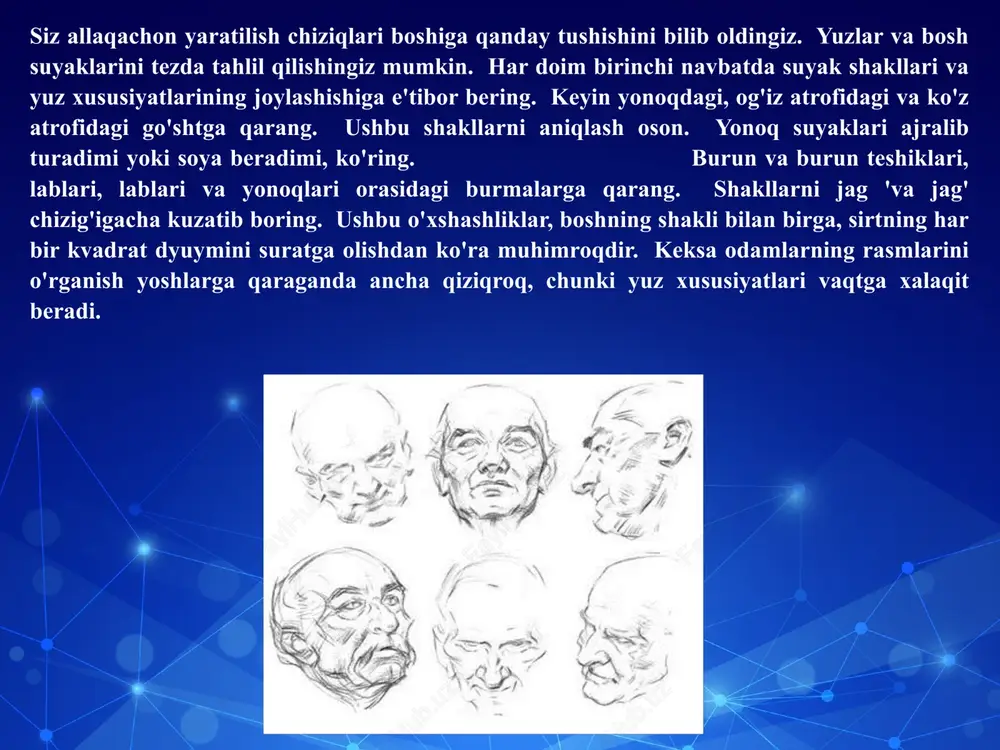 ingiz bilan tabassum qilish uchun harakat qilib ko'ring, bu harakat sizning ko'zingizni ushlashiga yo'l qo'ymaslik - bu qanday soxta ko'rinishini ko'ring. endi dam oling va tabiiy ravishda tabassum qiling - yuzingizda har bir chiziq va mushak tojdan iyagacha va orqaga qulog'ingizga qarab harakatlanishini ko'rasiz. oynadan uzoqlashib, yana takrorlang. siz haqiqatan ham yuz ifodalarini sezishingiz mumkin. siz tasavvur qiladigan barcha hissiy holatlarni takrorlashga harakat qiling: qo'rquv, g'azab, g'azab, nafrat, ojizlik, quvonch. tuyg'ularni etkazishga urinayotganda buni yodda saqlang va bu sizga yaxshi xizmat qiladi. xafagarchilik. bu yuz mushaklarining bo'shashishiga olib keladi va bu o'z navbatida ko'z qovoqlarining tushishiga olib keladi. og'iz burchaklari va qoshlarning tashqi burchaklari. qoshlarning ichki burchaklari ko'tariladi. ko'zlar yarim yopiq, og'zining burchaklari va qoshlar va burun teshiklarining tashqi burchaklari ko'tarilgan. e`tiboringiz uchun rahmat! image3.png image4.png image5.png image6.png image7.png image8.png image9.png image10.png image11.png image12.png image13.png image14.png image15.png image16.png image17.png image18.png image19.png image20.png image21.png image22.png image2.jpg /docprops/thumbnail.jpeg