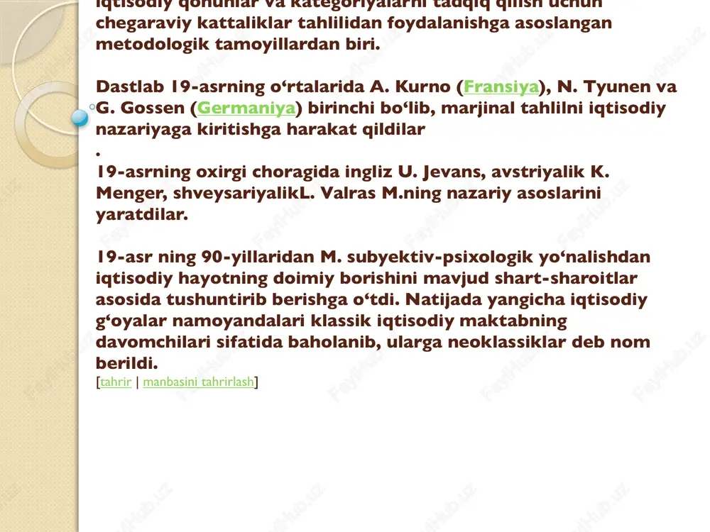chiziqlari yordamida tahlil qiladi. talab va taklif egri chiziklari kesi-shadigan nuqta neʼmatlarning muvozanatli narxini va muvozanatli miqdorini koʻrsatib beradi. e’tiboringiz uchun raxmat. talaba: sunnatillo g’anijonov. image2.png image3.png image4.png image5.png image6.png image7.png /docprops/thumbnail.jpeg