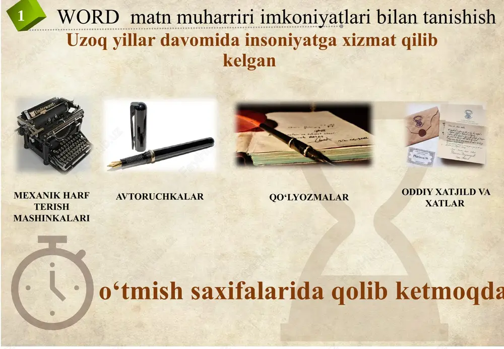 : 1pt = 1/72 dyuym. bu amallarni tez bajarish uchun formatlash paneli (panel formatirovaniya)ga murojat qilinadi yoki bu amallar shrift (shrift) oynasida bajariladi. buning uchun sichqonchaning o‘ng tugmachasi kerakli so‘z, belgi yoki fragment ustiga 1 marta bosiladi. abzaslarni formatlash paneli 02 abzasni belgilash satrlarni tekislash usullari (chapga, markazga, o‘ngga va kengligi bo‘yicha); sahifada joylashishi; 1 satrga chekinish; satrlar orasidagi masofa; buning uchun sichqonchaning chap tugmachasi 1 marta bosiladi. hujjatlarni formatlash paneli 03 buning uchun sichqonchaning chap tugmachasi 1 marta bosiladi sahifaning chegaralari; yo‘nalishi; o‘lchamlari. yaratilgan yoki o‘zgartirilgan hujjatni saqlash 1. fayl/soxranit – dasturning o‘zi nom belgilab saqlaydi. 2. fayl/soxranit kak – foydalanuvchi faylga nom bergandan keyin saqlaydi. ctrl+s f12 ms word dasturida hujjat yaratish va tahrirlash yangi hujjat yaratish uchun fayl bo‘limining cozdat ko‘rsatmasi tanlanadi. o‘chirish; yangi ochilgan yoki saqlab qo‘yilgan hujjatlar bilan ishlash jarayonida matnga o‘zgartirishlar kiritish jarayoni: tahrir qilish qirqib olish; nusxalash. ishchi sahifada eng muhim vazifani bajaruvchi …