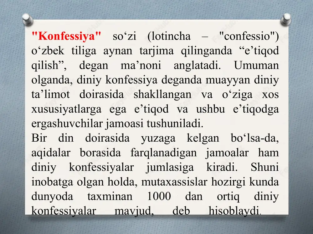 ro aralashmaslik asosida amalga oshiriladi. davlat turli dinlarga e’tiqod qiladigan va ularga e’tiqod qilmaydigan fuqarolar, turli dinlarga mansub diniy tashkilotlar o‘rtasida o‘zaro murosa va hurmat o‘rnatilishiga ko‘maklashadi, diniy aqidaparastlik hamda ekstremizmga, munosabatlarni qarama-qarshi qo‘yish va keskinlashtirishga, turli konfessiyalar o‘rtasida adovatni avj oldirishga qaratilgan xatti-harakatlarga yo‘l qo‘ymaydi. davlat konfessiyalarning tinch-totuv yashashiga kafil bo‘ladi. missionerlik va prozelitizmni amalga oshirishga yo‘l qo‘yilmaydi. davlat diniy tashkilotlar zimmasiga davlatning biror-bir vazifalarini bajarishni yuklamaydi, ularning qonunchilikka zid bo‘lmagan faoliyatiga aralashmaydi. diniy tashkilotlar davlat vazifalarini bajarmaydi. davlat diniy tashkilotlarning faoliyatini moliyalashtirmaydi va dinga e’tiqod qiluvchilarning din bilan bog‘liq his-tuyg‘ularini haqoratlaydigan faoliyatga yo‘l qo‘ymaydi. 8-moddada ta’lim tizimi va din: o‘zbekiston respublikasida ta’lim tizimi dindan ajratilgandir. ta’lim tizimining o‘quv dasturlariga diniy fanlar kiritilishiga (bundan diniy ta’lim muassasalari mustasno) yo‘l qo‘yilmaydi. o‘zbekiston respublikasi fuqarolarining dunyoviy ta’lim olish huquqi, ularning dinga bo‘lgan munosabatidan qat’i nazar, ta’minlanadi. har kim diniy ta’lim muassasalarida professional diniy ta’lim olish huquqiga ega. diniy ta’lim muassasalarida o‘qishga …
