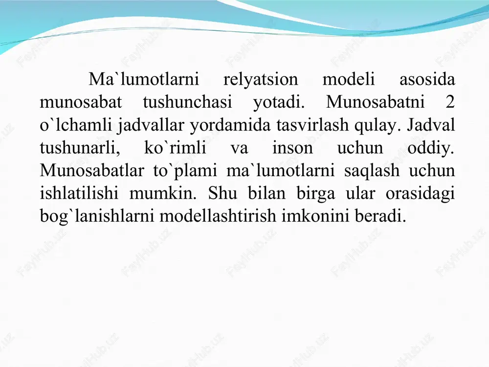 olbasa ko`pga bir bog`lanish «birga-ko‘p» va «ko‘pga-bir» bog‘lanishalari faqat yo‘nalishi bilan farq qiladi. agar «ko‘pga-bir» bog‘lanishida asosiy jadval tomondan emas bo‘ysinuvchi jadval tomondan qarasak u holda «birga-ko‘p» bog‘lanishga aylanadi. ko`pga ko`p bog`lanish «ko‘pga-ko‘p» bog‘lanishida bir vaqtni o‘zida asosiy va bo‘ysinuvchi jadvallarda ko‘p ma’lumotlar bir-biriga mos keladi. masalan, institutda darslar jadvalini loyixalashda auditoriya raqamlari va o‘quv guruxlari haqida ma’lumotlar saqlovchi jadvallar o‘rtasida bog‘lanish o‘rnatiladi masalliq_id masalliq_nomi 1 piyoz 2 go`sht 3 tuz 4 kartoshka taom_id taom_nomi 1 osh 2 manti 3 sho`rva id masalliq_id taom_id 1 1 1 2 1 2 3 1 3 4 2 1 5 2 2 6 2 3 bog`langan jadvallar bilan ishlash bog‘lanish maydonini o‘zgartirish bog‘lanishni buzilishiga olib kelishi mumkin. shuning uchun asosiy va bo‘ysinuvchi jadvallarda mos o‘zgartirishlar qilish kerak. asosiy jadvaldan ma’lumotlarni o‘chirganda bo‘ysinuvchi jadvaldan ham unga mos ma’lumotlarni o‘chirish kerak (kaskad). bo‘ysinuvchi jadvalga ma’lumot qo‘shganda bog‘lanish maydoni qiymati asosiy jadval bog‘lanish maydoni qiymati bilan …