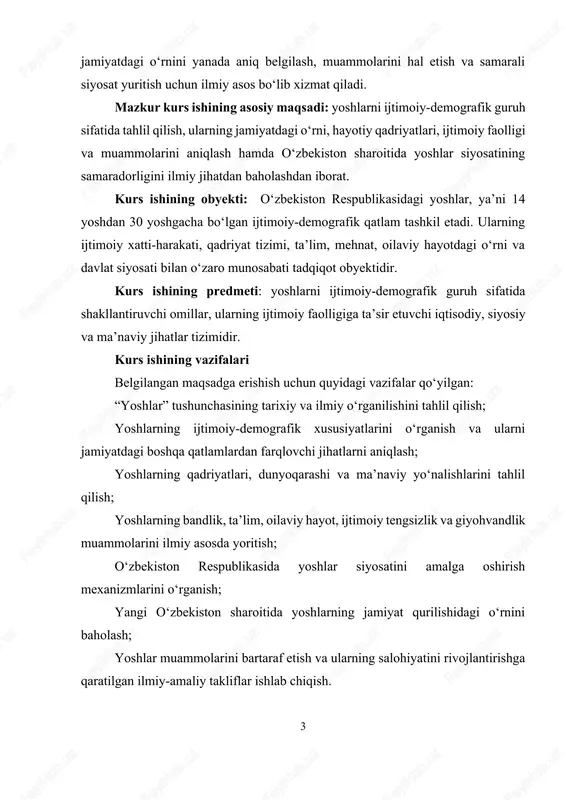 i iqtisodiy, siyosiy va ma’naviy jihatlar tizimidir. kurs ishining vazifalari belgilangan maqsadga erishish uchun quyidagi vazifalar qo‘yilgan: “yoshlar” tushunchasining tarixiy va ilmiy o‘rganilishini tahlil qilish; yoshlarning ijtimoiy-demografik xususiyatlarini o‘rganish va ularni jamiyatdagi boshqa qatlamlardan farqlovchi jihatlarni aniqlash; yoshlarning qadriyatlari, dunyoqarashi va ma’naviy yo‘nalishlarini tahlil qilish; yoshlarning bandlik, ta’lim, oilaviy hayot, ijtimoiy tengsizlik va giyohvandlik muammolarini ilmiy asosda yoritish; o‘zbekiston respublikasida yoshlar siyosatini amalga oshirish mexanizmlarini o‘rganish; yangi o‘zbekiston sharoitida yoshlarning jamiyat qurilishidagi o‘rnini baholash; yoshlar muammolarini bartaraf etish va ularning salohiyatini rivojlantirishga qaratilgan ilmiy-amaliy takliflar ishlab chiqish. i bob. “yoshlar” tushunchasining o‘rganilishi 1.1. yoshlar tushunchasining shakllanishi va mohiyati hozirgi kunda aholi turli guruhlarining ijtimoiy holatidagi o‘zgarishlar “hamisha ilg‘or g‘oyalar tarqatuvchi” deb hisoblangan yoshlarni ham chetlab o‘tmayapti. yoshlar – o‘sish va ulg‘ayishni boshidan kechirayotgan alohida ijtimoiy-demografik guruh bo‘lib, uning holati jamiyatning ijtimoiy-siyosiy ahvoli bilan belgilanadi. yoshlarga doir davlat siyosatini (yoshlarni ijtimoiy, madaniy, ma'naviy va jismoniy rivojlantirish) samarali amalga oshirish uchun quyidagi …