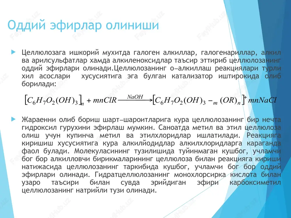 ida 1,5% nam kolguncha kuritishdan iborat. nitrolash uchun dastlabki xom-ashyo sifatida paxta linti olinadi. unga nitrolovchi aralashma, ya'ni nitrat kislota, azot oksidlari va sulfat kislota aralashmasi ta'sir ettiriladi. agar nitrotsellyuloza plastmassa, lok plenka tayyorlash uchun muljallangan bulsa, aralashma kuyidagi nisbatda tayyorlanadi: nitrat kislota 18 –21%, azot oksidlari 5% dan kam, sulfat kislota 55-60% atrofida va suv 16,520%. reagentlarning uzaro nisbati olinadigan nitrotsellyuloza oldiga kuyiladigan talabga muvofik buladi. nitrotsellyulozaning xosil bulish reaktsiyasi kuyidagicha: reaktsiya amalga oshirilgan sharoitga karab, nitrotsellyuloza tarkibidagi nitrogruppalar mikdori turlicha buladi. reaktsiya natijasida tsellyulozaning sulfoefirlari xam xosil buladi, birok ular bekarorligi tufayli parchalanib ketadi  sulfat kislota tiklanadi. tsellyuloza tarkibida kolgan sulfat kislota tsellyuloza va uning efirlarini destruktsiyaga uchratishi mumkin. shuning uchun nitrotsellyulozani stabillash maksadida avval kaynok suv bilan yaxshilab yuviladi. nitrotsellyulozaning namligi 30% gacha buladi. nitrotsellyulozadan asosan, tutunsiz porox va plastmassalar tayerlanadi. nitrotsellyulozadan a'lo sifatli loklar va emallar xam tayerlanadi. nitrotsellyulozaning asosiy kamchiligi uning yonuvchanligidir. shuning uchun …