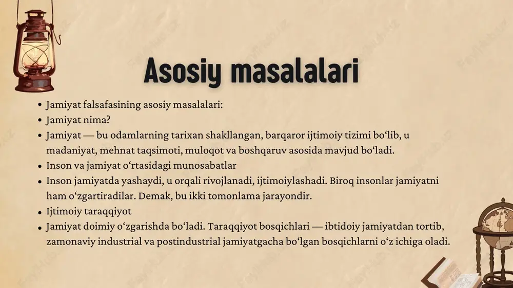 raqamli texnologiyalar jamiyatning kelajagini qanday shakllantirishi haqida falsafiy bahslar mavjud. jamiyat falsafasining tarixiy rivojlanishi: jamiyat haqidagi falsafiy qarashlar qadimgi davrlardan boshlab shakllangan. aristotel insonni “ijtimoiy hayvon” deb atagan. unga ko‘ra, inson tabiatan jamiyatda yashashga intiladi. platon esa ideal jamiyat tuzilmasini tasvirlab, adolat asosidagi davlatni orzu qilgan. o‘rta asrlarda diniy qarashlar ustun bo‘lgan bo‘lsa, uyg‘onish davridan boshlab inson markazga chiqdi. tomas gobbs, jon lokk, jan-jak russo kabi faylasuflar ijtimoiy shartnoma nazariyasi orqali davlat va jamiyat o‘rtasidagi munosabatni tushuntirishga harakat qildilar. 19-asrda karl marks jamiyatni sinfiy kurash asosida tahlil qildi va ijtimoiy rivojlanishning asosiy omili sifatida iqtisodiy munosabatlarni ilgari surdi. uning nazariyasi jamiyat falsafasida chuqur iz qoldirdi. falsafiy qarashlarga ko‘ra, inson tabiatan ijtimoiy mavjudotdir. bu fikrni qadimgi yunon faylasufi aristotel ilgari surgan. u insonni "zoon politikon" — ya’ni "ijtimoiy hayvon" deb atagan. bu degani, inson faqat jamiyatda yashab, o‘zining tabiiy ehtiyojlarini qondira oladi, shaxs sifatida shakllanadi va o‘z imkoniyatlarini ro‘yobga chiqaradi. inson …