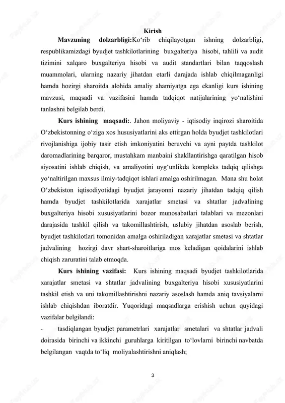 riyasi ma’lumotlaridan foydalanildi. kurs ishining predmeti:. tadqiqotning nazariy asosini xorij va mamlakatimizdagi iqtisodchi olimlar hamda etakchi mutaxassislarni byudjet tashkilotlarida smetalarni hamda shtatlar jadvalini tuzish va uni ijrosi hisobiga oid qabul qilinayotgan me’yoriy xuquqiy xujjatlar, respublikamiz prezidenti i.karimovning byudjet tashkilotlari barqarorligini mustaxkamlashga oid asarlarida ilgari surilgan ilmiy g‘oyalar va fikrlari ilmiy izlanishni nazariy va uslubiy asosi sifatida qo‘llanildi. kurs ishining tuzilishi: kurs ishi kirish qismi,5 ta reja, xulosa va foydalanilgan adabiyotlardan iborat. i o’zbekiston respublikasida davlat byudjeti daromadlarini shakllantirish amaliyotining tahlili 1.1. davlat byudjeti daromadlari manbalarining tahlili davlat byudjetining daromadlari mamlakat yalpi ichki (milliy) mahsulotini taqsimlash va qayta taqsimlash umumiy jarayonining elementlaridan biri bo’lib, ular oraliq (tranzit) xarakterga ega. ular yuridik va jismoniy shaxslarga tegishli bo’lgan daromadlar va jamg’armalarning bir qismini byudjetga o’tkazilishi natijasida vujudga keladi. byudjet daromadlarining moddiy-buyumlashgan mazmunini davlatning ixtiyoriga borib tushgan pul mablag’lari tashkil etadi. bu moliyaviy (byudjet) kategoriyaning namoyon bo’lish shakli byudjetga borib tushuvchi turli soliqlar, to’lovlar, …