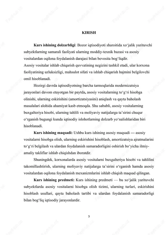 sosiy vositalar - moddiy ishlab chiqarish va noishlab chiqarish sohalarida uzoq (bir yildan ortiq) muddat davomida foydalaniladigan hamda ijaraga berish uchun mo’ljallangan moddiy aktivlardir». berilgan ta’rifga ko’ra, asosiy vositalarning asosiy xususiyatlari korxonalar faoliyatida uzoq muddat mobaynida foydalanishi yoki ijaraga be-rilishidir. shuningdek, ularning yana boshqa xususiyatlari – xizmat muddati mo-baynida o’zini natural-buyum shaklini saqlab qolishi va o’z qiymatini sekin-asta eskirish tariqasida chiqarib borishidir. asosiy vositalarning foydali xizmat qilish muddati davomida davriy es-kirish hisoblab boriladi. bir qator asosiy vositalarning barcha qiymati eski-rish yo’li bilan hisobdan chiqarib borilsa, boshqa bir turdagi asosiy vositalarning tugatish qiymatidan qolgan qismi eskirish tariqasida hisobdan chiqarib boriladi. i bólim: vositalarning qiymatini tashkil qiluvchi xarajatlar. 1.1. asosiy vositalarning dastlabki qiymatini tashkil qiluvchi xarajatlar tarkibi. 5-bhmsning 9-bandiga muvofiq asosiy vositalar dastlabki qiymati bo’yicha baholanadi va buxgalteriya hisobiga kiritilali. asosiy vositalarni barpo qilish yoki sotib olish uchun ketgan barcha sarfharajatlar qiymati, deganda, jumladan, to’langan va qoplanmaydigan soliqlar, shuningdek, aktivlarni ishchi holatga …