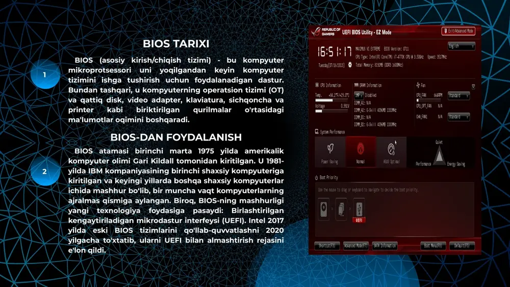 tsiya vazifalari qatorida bios parolini tiklashi mumkin. bios xavfsizligi bios xavfsizligi kiberxavfsizlikning biroz e'tibordan chetda qolgan qismidir; ammo, hackerlarning otda zararli kodni amalga oshirishiga yo'l qo'ymaslik uchun uni hali ham boshqarish kerak. 2017 yilda cylance xavfsizlik guruhi zamonaviy bios xavfsizlik kamchiliklari qanday qilib anakartning uefi ichidagi to'lov dasturlarini ishga tushirishi va kompyuter bios-ning boshqa zaifliklaridan foydalanishi mumkinligini ko'rsatdi. bios-ni manipulyatsiya qilish bilan bog'liq yana bir noyob ekspluatatsiya plundervolt edi. plundervolt ma'lumotlar xotiraga yozilayotgan paytda kompyuterning quvvat manbai bilan aralashish uchun ishlatilishi mumkin, bu esa xavfsizlik bo'shliqlariga olib keladigan xatolarga olib keladi. intel undan himoyalanish uchun bios yamog'ini chiqardi. bios dastlab ibmga tegishli edi. biroq, phoenix technologies kabi ba'zi kompaniyalar o'zlarini yaratish uchun ibmning asl versiyasini teskari loyihalashtirdilar. feniks bu bilan boshqa kompaniyalarga ibm pc klonlarini yaratishga va eng muhimi, bios bilan ishlaydigan ibm bo'lmagan kompyuterlarni yaratishga imkon berdi. bios ishlab chiqaruvchilari buni amalga oshirgan kompaniyalardan biri compaq edi. bugungi kunda …