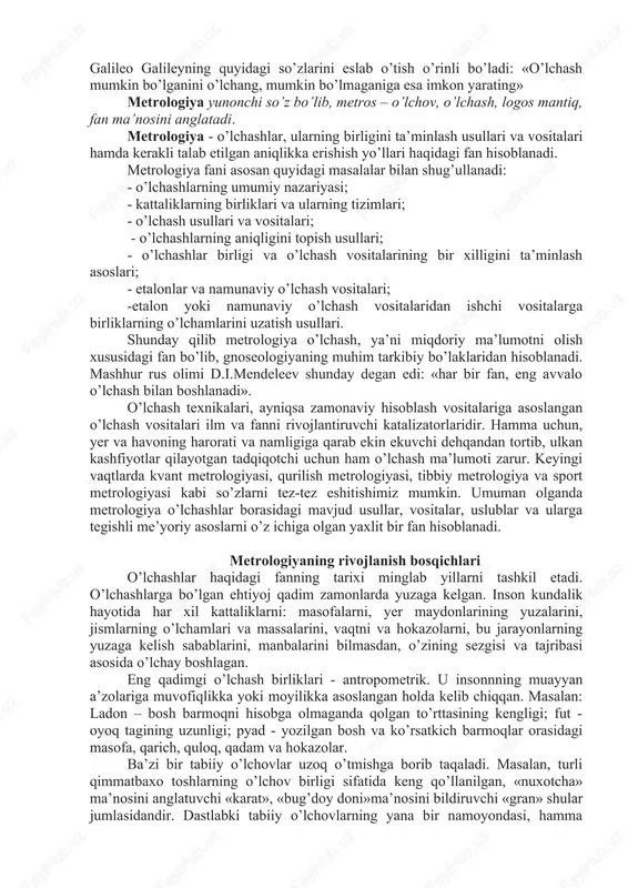 ashadigan va stanoklarga biriktirilgan o’lchash vositalarining yaratilishini talab qiluvchi texnologik bosqich (manufaktura va mashina ishlab chiqarishning yuzaga kelishi); - ishlab chiqarish jarayonlari rivojlantirish sharoitida foydalanilayotgan o’lchash vositalarining aniqligi, ishonchliligi va unumdorligini keskin oshirishni talab qiluvchi energetik bosqich (bug’ energiyasini ishlab chiqarish va ishlatish); - zamonaviy fan yutuqlarining barchasini o’lchash vositalarining tarkibiga kiritishni talab qilgan ilmiy-texnikaviy inqilob (fanni ishlab chiqarish bilan bog’lash va uni bevosita ishlab chiqaruvchi kuchga aylantirish) bosqichi. bu bosqichning alohida xususiyatlaridan biri ob’ektlar va jarayonlar holatini muayyan parametrlar yordamida umumiy baxolovchi o’lchash tizimlarini yaratish bo’lib, olingan natijalarni bevosita avtomatik boshqarish uchun foydalanishdan iboratdir. amaliyot juda keng ko’lamdagi kattaliklar qiymatini, ko’pincha juda tez (sekundning milliarddan bir ulushlari), yuqori aniqlikda (xatolik o’lchanayotgan qiymatning 10 % idan kichik) va nafaqat inson sezgi organlari to’g’ri ilg’ay olmaydigan, balki hayot uchun sharoit bo’lmagan holatlarda ham 8 aniqlashni talab qiladi. shu kunlarda fanda yuzdan ortiq har xil kattaliklar ma’lum bo’lib, ularning 70 dan ortig’ini …
