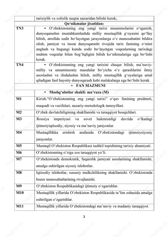 bosqichlari va o‘ziga xos xususiyatlari. s3 rossiya imperiyasi va sovet hukmronligi davrida o‘lkadagi ijtimoiyiqtisodiy, siyosiy va ma’naviy jarayonlar. s4 mustaqillikka erishish arafasida o‘zbekistondagi ijtimoiy-siyosiy jarayonlar. s5 mustaqil o‘zbekiston respublikasining tashkil topishi va uning tarixiy ahamiyati. s6 o‘zbekistonning o‘ziga xos istiqlol va taraqqiyot yo‘li. s7 o‘zbekistonda demokratik, fuqarolik jamiyati asoslarining shakllanishi, amalga oshirilgan siyosiy islohotlar. s8 iqtisodiy islohotlar, xususiy mulkchilikning shakllanishi. o‘zbekistonda bozor munosabatlarining rivojlanishi. s9 o‘zbekiston respublikasidagi ijtimoiy o‘zgarishlar. s10 mustaqillik yillarida o‘zbekiston respublikasida ta’lim sohasida amalga oshirilgan o‘zgarishlar. s11 mustaqillik yillarida o‘zbekistondagi ma’naviy va madaniy taraqqiyot. s12 mustaqillik yillarida qoraqalpog‘iston respublikasi. s13 o‘zbekiston va jahon hamjamiyati. s14 o‘zbekiston respublikasining xalqaro reyting va indekslardagi o‘rni va nufuzini ortib borishi. s15 harakatlar strategiyasidan – taraqqiyot strategiyasi sari. · mustaqil ta’lim (mt) 1 o‘zbek davlatchiligining tarixiy bosqichlari (o‘zbekiston hududidagi davlatlar tarixi misolida). 2 amir-temur buyuk davlat arbobi. 3 mustaqillikka erishish arafasida o‘zbekistondagi ijtimoiy-siyosiy jarayonlar. 4 o‘zbekistonda ijtimoiy sohada amalga oshirilayotgan o‘zgarishlar mazmun …