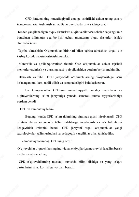 muvaffaqiyatli amalga oshirilishi va o‘qituvchilarning ta'lim jarayoniga yanada samarali tarzda tayyorlanishiga yordam beradi. cpd va zamonaviy ta'lim bugungi kunda cpd ta'lim tizimining ajralmas qismi hisoblanadi. cpd o‘qituvchilarga zamonaviy ta'lim talablariga moslashish va o‘z bilimlarini kengaytirish imkonini beradi. cpd jarayoni orqali o‘qituvchilar yangi texnologiyalar, ta'lim uslublari va pedagogik yangiliklar bilan tanishadilar. zamonaviy ta'limdagi cpd ning o‘rni: o‘qituvchilar o‘quvchilarning individual ehtiyojlariga mos ravishda ta'lim berish usullarini o‘rganadilar; cpd o‘qituvchilarning mustaqil ravishda bilim olishiga va yangi o‘quv dasturlarini sinab ko‘rishiga yordam beradi; ta'lim jarayonida muammolarni hal qilish va innovatsion yondashuvlarni qo‘llashga imkon beradi. bugungi kunda cpd ning muvaffaqiyatli amalga oshirilishi uchun o‘qituvchilar zamonaviy bilimlar va ko‘nikmalarga ega bo‘lishlari kerak. shu bilan birga, cpd jarayonida o‘qituvchilarga taqdim etilgan bilimlar ta'lim jarayonining yangi tendensiyalariga mos kelishi muhimdir. yaxlit maktab yondashuvi butun maktab jamoasining o‘quvchilar ta'limi, xulqi va sog‘lom turmush tarzini yaxshilashga qaratilgan strategik va doimiy hamkorlikdagi harakatidir. bunda nafaqat o‘qituvchilar, balki maktab direktori, texnik xodimlar, …