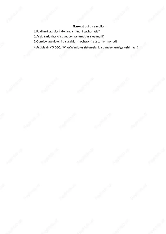 a boshlang‘ich fayl 10-20 barobar siqilishi ham mumkin. arxivlangan fayl arxivda qaysi fayl borligini bildiruvchi sarlavxaga ega. arxiv sarlavxasida unda saqlanuvchi har bir fayl uchun quyidagi ma’lumotlar saqlanadi: · fayl nomi · faylda saqlanuvchi katalog haqida ma’lumot · faylning oxirgi marta qayta ishlangan sanasi va vaqti · faylning diskdagi va arxivdagi o‘lchami. arxivning to‘liqligini tekshirishda ishlatiladigan har bir faylning siklik tekshirish kodi. faylni arxivlash buyrug‘ining umumiy ko‘rinishi quyidagicha bo‘ladi: pkzip holat arxiv_nomi [fayllar nomlari] arj buyruq holat arxiv_nomi [katalog] [fayllar nomlari] misollar: faraz qilaylik, kurs1 faylni pkzip va arj arxivatorlari yordamida arxivlamoqchimiz, buni quyidagicha amalga oshiramiz. pkzip – kurslar kursi 1 arj a kurslar kurs 1 bu yerda kurslar hosil qilinuvchi arxiv nomi. arxivni ochish uchun pkunzip – kurslar arj e kurslar buyrug‘idan foydalaniladi. nazorat uchun savollar 1. fayllarni arxivlash deganda nimani tushunasiz? 2. arxiv sarlavhasida qanday ma’lumotlar saqlanadi? 3.qanday arxivlovchi va arxivlarni ochuvchi dasturlar mavjud? 4.arxivlash ms dos, nc …