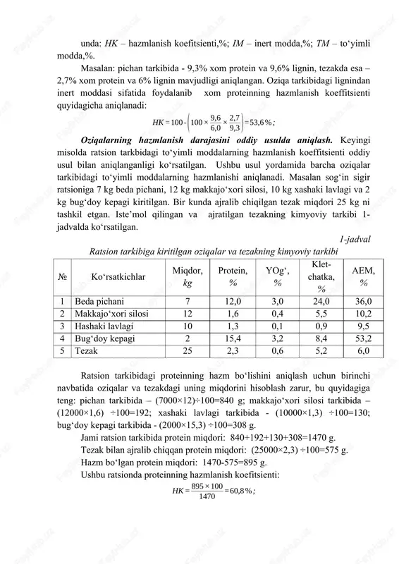 oziqalarning hazmlanish darajasini inert indikatorlari yordamida aniqlash. inert indikatorlari sifatida oziqalarga temir oksidi, xrom oksidi, bariy sulfati, kremniy kislotasi kiritiladi yoki oziqalar tarkibidagi lignindan foydalanish mumkin. tajriba davomida hayvonlar tomonidan iste’mol qilingan oziqalarning hisobini olib borilishi bilan bir qatorda 10-15 ta tezak namunalari (qoramollardan 1-2 kg) olinadi. oziqalar namunalarida to‘yimli moddalar va tezak namunalari tarkibida inert indikatorlarining saqlanishi aniqlanadi. bunday tajribalarda oziqalarning hazm bo‘lishi quyidagi formula yordamida aniqlanadi: unda: hk – hazmlanish koefitsienti,%; im – inert modda,%; tm – to‘yimli modda,%. masalan: pichan tarkibida - 9,3% xom protein va 9,6% lignin, tezakda esa – 2,7% xom protein va 6% lignin mavjudligi aniqlangan. oziqa tarkibidagi lignindan inert moddasi sifatida foydalanib xom proteinning hazmlanish koeffitsienti quyidagicha aniqlanadi: oziqalarning hazmlanish darajasini oddiy usulda aniqlash. keyingi misolda ratsion tarkbidagi to‘yimli moddalarning hazmlanish koeffitsienti oddiy usul bilan aniqlanganligi ko‘rsatilgan. ushbu usul yordamida barcha oziqalar tarkibidagi to‘yimli moddalarning hazmlanishi aniqlanadi. masalan sog‘in sigir ratsioniga 7 kg …