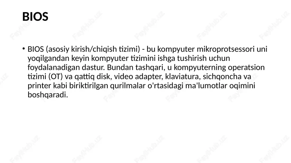 setup utility orqali sozlashlari mumkin. bios setup utility dasturiga kirish foydalanilayotgan kompyuterga qarab bir oz farq qiladi. biroq, quyidagi qadamlar odatda foydalanuvchilarga setup utility orqali bios-ga kirish va sozlash imkonini beradi: kompyuterni qayta o'rnating yoki o'chiring. kompyuter qaytadan yoqilganda, "sozlamaga kirish" yoki shunga o'xshash xabarni qidiring. ushbu xabar bilan birga foydalanuvchi tizim konfiguratsiyasiga kirish uchun bosishi kerak bo'lgan kalit bo'ladi. bu foydalanuvchi ko'rishi mumkin bo'lgan misol xabari: "bios sozlamalariga kirish uchun [tugmachani] bosing." ko'pincha so'rov sifatida ishlatiladigan ba'zi tugmalar del, tab, esc va har qanday funktsiya tugmalari (f1-f12). so'rovni ko'rganingizdan so'ng, ko'rsatilgan tugmachani tezda bosing. bios setup utility dasturiga kirgandan so'ng, foydalanuvchilar apparat sozlamalarini o'zgartirishi, xotira sozlamalarini boshqarishi, yuklash tartibini yoki yuklash qurilmasini o'zgartirishi va boshqa konfiguratsiya vazifalari qatorida bios parolini tiklashi mumkin. bios xavfsizligi bios xavfsizligi kiberxavfsizlikning biroz e'tibordan chetda qolgan qismidir; ammo, hackerlarning otda zararli kodni amalga oshirishiga yo'l qo'ymaslik uchun uni hali ham boshqarish kerak. 2017 yilda …