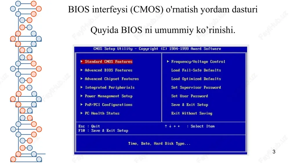 zifalarning har biri bios-ning to'rtta asosiy funktsiyasi tomonidan amalga oshiriladi: o'z-o'zini yoqish sinovi (post). bu operatsion tizimni yuklashdan oldin kompyuterning apparatini tekshiradi. bootstrap yuklovchi. bu operatsion tizimni aniqlaydi. dasturiy ta'minot / drayverlar. bu ishlagandan so'ng os bilan interfeysga ega bo'lgan dasturiy ta'minot va drayverlarni topadi. qo'shimcha metall oksidi yarimo'tkazgichni (cmos) sozlash. bu foydalanuvchilarga apparat va tizim sozlamalarini o'zgartirish imkonini beruvchi konfiguratsiya dasturi. cmos - bu bios-ning doimiy xotirasining nomi. ommaviy bios ishlab chiqaruvchilari ommaviy bios ishlab chiqaruvchilari quyidagilardan ba'zilari ko'proq mashhur bios sotuvchisi: feniks texnologiyalari ibm dell gateway byosoft amerika megatrends (ami) insyde dasturiy ta'minot 8 bios-dan qanday foydalaniladi bios o'rnatish dasturidan o'zgartirilishi mumkin bo'lgan bir qator apparat konfiguratsiya parametrlarini o'z ichiga oladi. ushbu o'zgarishlarni saqlash va kompyuterni qayta boshlash bios-ga kiritilgan o'zgarishlarni qo'llaydi va bios-ning apparatning ishlashini ko'rsatadigan usulni o'zgartiradi. 9 ushbu rasm zamonaviy setup bios ga misol bo’la oladi. 10 bios haqida batafsil ma'lumot bios-ni yangilashdan oldin sizning …