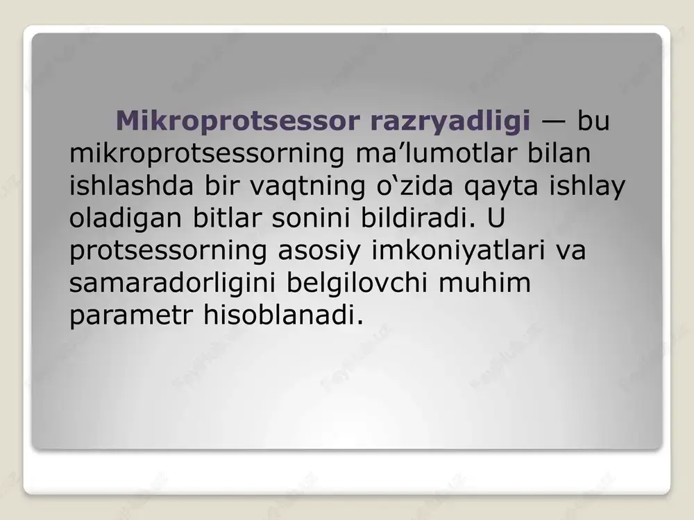zimlar faqat 4 gb gacha xotira bilan ishlay oladi. 64-bitli tizimlar esa juda katta xotiraga (16 exabayt gacha) murojaat qilish imkonini beradi. bu katta hajmdagi ma’lumotlar bilan ishlashda (masalan, grafikalar, video tahrir qilish, ilmiy hisob-kitoblar) muhim ahamiyatga ega. 3. ko‘p vazifali ishlash (multitasking) yuqori razryadlik, ayniqsa 64-bitli protsessorlar, ko‘p vazifalarni bir vaqtning o‘zida samarali bajarish imkonini beradi. bunday protsessorlar bir nechta dastur yoki jarayonni tez va samarali ishlay oladi, bu esa tizimning umumiy samaradorligini oshiradi. 4. dastur va operatsion tizimlarning mosligi razryadlik kompyuterda ishlayotgan operatsion tizim va dasturiy ta’minotning ishlashiga ta’sir qiladi. 32-bitli operatsion tizimlar 32-bitli dasturlarni qo‘llab-quvvatlaydi, lekin 64-bitli dasturlarni ishlata olmaydi. 64-bitli tizimlar esa 32-bitli dasturlarni ham, 64-bitli dasturlarni ham ishlata oladi, bu tizimning yanada kengroq imkoniyatlarga ega bo‘lishini ta’minlaydi. 5. energiya samaradorligi va issiqlik chiqarish yuqori razryadlik mikroprotsessorlar ko‘proq energiya talab qiladi va ko‘proq issiqlik chiqaradi, bu esa kompyuterning sovutish tizimiga qo‘shimcha talablar qo‘yadi. biroq, samarali ishlab …