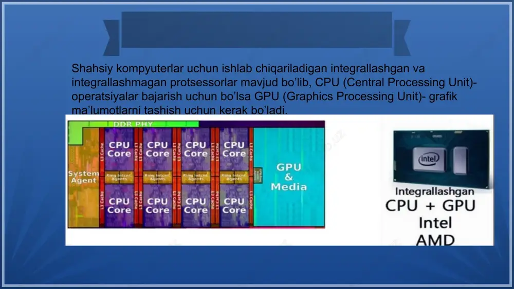 ixida protsessor razryadligi quyidagicha rivojlangan: 8-bit davri (1970-yillar): intel 8080 va zilog z80 kabi mikroprotsessorlar kichik kompyuterlar uchun ishlatilgan. 16-bit davri (1980-yillar): intel 8086 va motorola 68000 protsessorlari bilan 16-bitli tizimlar paydo bo‘ldi. 32-bit davri (1990-2000-yillar): intel pentium va amd protsessorlari ushbu davrni belgiladi. zamonaviy dasturlarni samarali ishlash imkoniyatini yaratdi. 64-bit davri (2000-yillardan boshlab): amd va intel tomonidan 64-bitli protsessorlar ishlab chiqarila boshlandi, bu esa yuqori samaradorlik va katta xotira bilan ishlash imkoniyatini berdi. 4. razryadlikni tanlashda e’tiborga olinadigan jihatlar operatsion tizim mosligi: operatsion tizim 32-bit yoki 64-bit bo‘lishi kerak. 64-bitli protsessor 32-bitli operatsion tizimda ishlashi mumkin, ammo 64-bitli dasturlarni qo‘llab-quvvatlamaydi. dasturiy ta’minot talablari: ba’zi dasturlar faqat 64-bitli protsessorlarda ishlaydi. shuning uchun zamonaviy ilovalarni ishlatish uchun 64-bit protsessor tavsiya etiladi. xotira talablari: agar tizim katta hajmdagi xotira bilan ishlashni talab qilsa (masalan, serverlar), 64-bitli protsessorlar zarur bo‘ladi. 5. amaliy misollar 32-bit tizimlar: o‘yin-kulgi yoki ofis ishlari uchun yetarli bo‘lishi mumkin, …