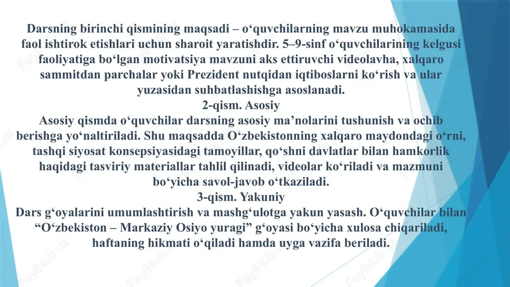 faol mamlakatga aylanib boryapmiz. hurmatli prezidentimiz shavkat mirziyoyev yangi – o‘zaro hamkorlikka asoslangan tashqi siyosatga asos soldi. o‘zbekiston bugun birlashgan millatlar tashkiloti, yevropa ittifoqi, islom hamkorlik tashkiloti kabi ko‘plab xalqaro tashkilotlar bilan faol hamkorlik qiladi. o‘zbekiston prezidenti tomonidan ilgari surilgan “markaziy osiyo ruhi”, “transafg‘on transport yo‘lagi”, “yoshlar diplomatiyasi” kabi tashabbuslar dunyo siyosatida yangicha yondashuv sifatida qabul qilinmoqda. bu tashabbuslar nafaqat yangi oʻzbekistonni, balki yangi markaziy osiyoni yaratmoqda. oʻzbekistonga ishonch – markaziy osiyoga ishonchga aylanyapti. bugun yangi markaziy osiyo jahonni oʻziga tortadigan mintaqaga aylandi. shu yilning aprel oyi boshida bo‘lib o‘tgan samarqanddagi “markaziy osiyo – yevropa ittifoqi” sammiti buning isboti boʻldi. prezidentimiz shavkat mirziyoyev samarqand sammiti haqida: “bu sammit koʻp qirrali munosabatlarning yangi bosqichga oʻtish nuqtasi boʻladi!” – deb ta’kidladi. bu sammit markaziy osiyo uchun yangi davrni boshlab berdi. yevropa komissiyasi prezidenti ursula xonim 12 milliard yevrolik investitsiya paketini eʼlon qildi. ya’ni yurtimizga shuncha investitsiya kirib keladi, buning natijasida iqtisodimiz o‘sadi, …