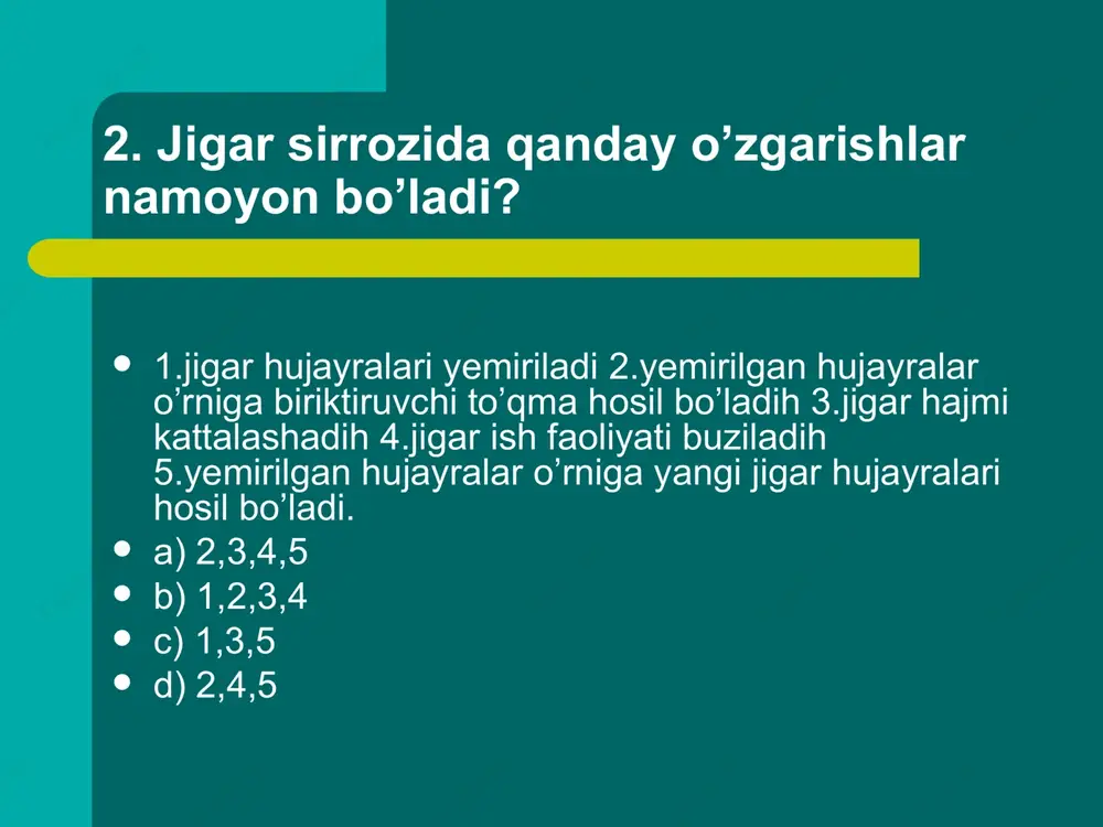 g’iladi? 1.hazm bezlaridan so’lak va shira ajralishi kamayishi sababli 2.jigarda o’t suyqligi ishlab chiqarilishi kuchayish sababli 3.oshqozon-ichaklariining harakati kuchayishi sababli 4.jigarda o’t suyuqligi ishlab chiqarish susayish sababli 5.oshqozon-ichaklarning peristaltik va mayatniksimon harakati susayishi sababli a) 1,2,5 b) 1,2,3 c) 1,4,5 d) 1,3,4 24. oshqozon shilliq pardasi ostida qancha mayday bezlar bor va ular bir kecha-kunduda necha litrga yaqin shira ajratadi? a) 13 mln, 3 l b) 14 mln, 3 l c) 15 mln, 6 l d) 12 mln, 1,5 l 25. o’t suyuqligi …. fermentining faolligini oshiradi. a) amilaza b) tripsin c) enterokinaza d) lipaza 26. uglevodlar qaysi fermentlar ta’sirida monosaxaridlarga parchalanadi? a) pepsin, tripsin b) amilaza, lipaza c) amilaza, ptialin d) enterokinaza, lipaza 27. halqumning vazifasi nimadan iborat? a) ovqatni og’iz bo’shlig’idan qizilo’ngachga o’tkazish b) havoni burun bo’shlig’idan hiqildoqqa o’tkazish c) ovqat tarkibidagi moddalarni parchalash d) a,b 28. oshqozonning shilliq pardasidan ajralib chiqqan xlorid kislotaning funksiyasini aniqlang. a) yog’larni …