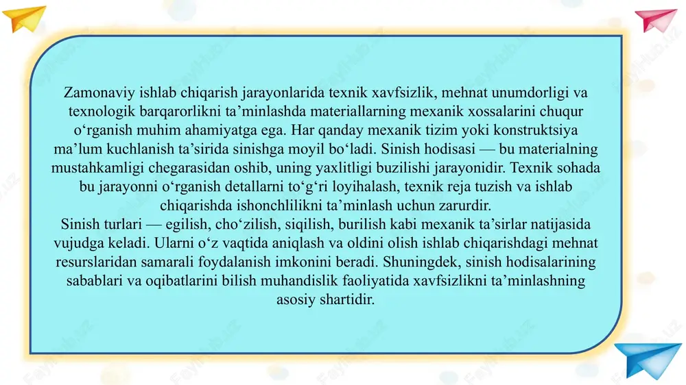 material cho‘zilib, deformatsiyalanib keyin sinadi. misol: po‘lat, alyuminiy, mis. yuzasi g‘adir-budur, cho‘zilgan shaklda. bunday sinish oldidan ogohlantiruvchi deformatsiya kuzatiladi. burilish (torsion) — material aylanish momentida sinadi. 3. charchash natijasidagi sinish (fatigue fracture) uzoq vaqt davomida takroriy yuklamalar ta’sirida yuz beradi. dastlab kichik yoriq paydo bo‘ladi, keyin u asta-sekin kattalashadi. mashina detallarida juda keng tarqalgan. 4. termik sinish (thermal fracture) harorat keskin o‘zgarishidan hosil bo‘ladi. misol: issiq metall sovuq suvga tushganda yorilishi. 5. korroziya ta’siridagi sinish (corrosion cracking) kimyoviy moddalarning ta’siri bilan yuzaga keladi. metall sirtida yoriqlar paydo bo‘lib, mexanik kuch bilan birga sinishga olib keladi. 6. egilish, cho‘zilish, siqilish va burilishdagi sinishlar cho‘zilish — material uzun yo‘nalishda uziladi. siqilish — material qisqaradi, yorig‘i ko‘ndalang hosil bo‘ladi. egilish — tashqi moment ta’sirida bir tomoni cho‘zilib, ikkinchisi siqiladi. mo‘rt va plastik sinishlar farqi sinish jarayoni ikki asosiy turga bo‘linadi: mo‘rt sinish va plastik sinish. mo‘rt sinishda jism deyarli deformatsiyasiz, ya’ni egilmasdan yoki …