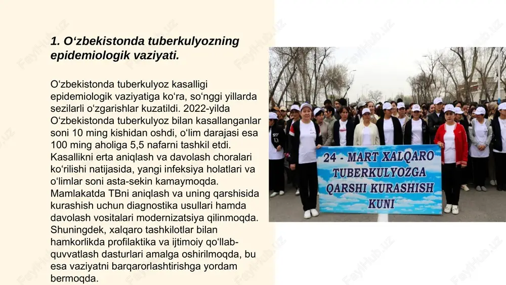 strategiyalar kasalliklarni erta bosqichda aniqlash va davolash imkonini beradi, bu esa bemorlarning sog‘lom hayot davomiyligini oshiradi. test natijalari asosida qo‘shimcha tekshiruvlarga yo‘naltirish mumkin. ... t.me/slaydai_bot 6. davolash rejalarining samaradorligini baholashda ko'plab omillar hisobga olinadi. klinik tadqiqotlar natijalari ko'pincha davolash muvaffaqiyat darajasini 80% dan 95% gacha ko'rsatadi, bunda davolash olingan bemorlarning ma'lum bir darajasida kasallik yengillashtiriladi yoki nazoratga olinadi. statistika shuni ko'rsatadiki, davolash rejalarining samaradorligi bemorning holatiga, kasallikning darajasiga va individual biologik ko'rsatkichlariga qarab o'zgaradi. kelgusida davolash samaradorligini oshirish uchun yangi texnologiyalar va dori vositalari ishlab chiqilmoqda, bu esa 5% dan 10% gacha qo'shimcha muvaffaqiyat ko'rsatkichiga olib kelishi mumkin. tajriba asosida qo'llaniladigan individual yondashuvlar 70% ga qadar samaradorlikni ta'minlashi mumkin. ... t.me/slaydai_bot 7. dispanser nazorati va monitoring tizimi. dispanser nazorati va monitoring tizimi bemorlarning sog‘lig‘ini nazorat qilish hamda ularni muntazam ravishda kuzatish uchun muhimdir. odatda, bu tizim yilda 4-6 marta tibbiy ko‘riklar va tekshiruvlar o'tkazishni o'z ichiga oladi. tizim orqali kasalliklarning …