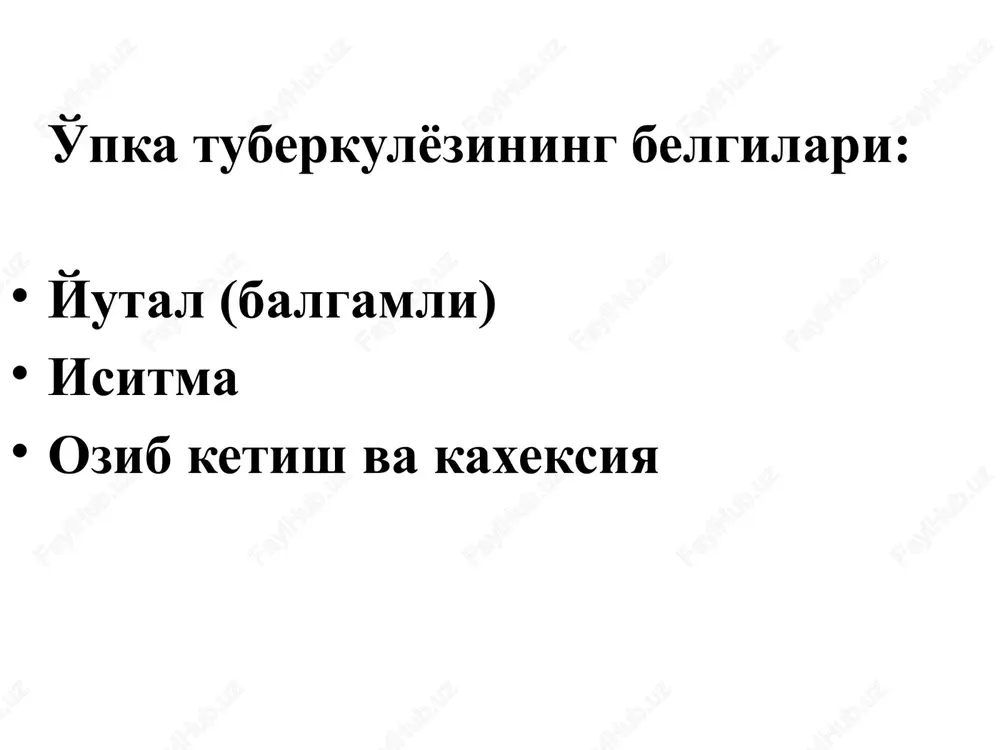 nevmotoraks uchun xarakterlidir dag'al yoki bronxial nafas yallig'langan o'pka to'qimasi gigant kaverna ustida eshitiladi xirillashlar mayda, urta, yirik va kripitatsiya plevra ishqalanish shovqini auskultatsiya mayda pufakchali nam xirillashlar chegaralangan uchokli tuberkulezda urta va yirik pufakchali xirillashlar kavernaninig belgisi bulib xisoblanadi quruq plevritda plevra ishqalanish shovqini eshitiladi. nam xirillashlarni eshitish uchun bemorni chuqur nafas olib chiqarganidan so'ng yo'talib qo'yish, kichkina pauza, keyin yana chuqur nafas olish so'raladi qon umumiy taxlili kasallikning o'tkir davrida leykotsitoz limfopeniya monotsitoz leykoformulaning chapga siljishi (tayoqcha yadroli neytrofillar foizining sezilarli oshishi) echt oshishi kuzatiladi. qonning biokimyoviy tahlili albumin-globulin koeffitsienti kamayadi plazmada fibrinogen va sial kislotalari miqdori ortadi s-reaktiv oqsil paydo bo'ladi ko'p miqdorda balg'am ajratadigan bemorlarda gipoproteinemiya kuzatilishi mumkin. umumiy peshob tahlili oqsil va gialinli tsilindrlar turg'un proteinuriya va mikrogematuriyaga buyrak tuberkulyozida siydikda oqsil, leykotsitlar, ko'pincha eritrotsitlar, ba'zi bemorlarda mbt ham topiladi. laborator tekshiruvlar ob'ektlari balg'am,qon, peshob aerozol ingalyatsiyaning yuvilmalari bronxo-alveolyar yuvindilari (bal) plevral suyuqlik oshqozon yuvindisi …