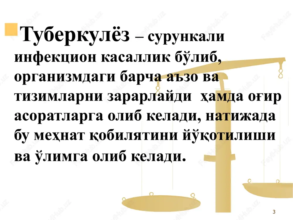 i muassasalarining xodimlariga, ular tomonidan bajarilayotgan tadbirlarni, belgilangan vazifalarning spetsifik xususiyatlarini inobatga olib, 2011 yilning 1 aprelidan boshlab asosiy oylik maoshiga 50% miqdorda qo'shimcha xaq belgilandi. o'zbekiston respublikasi sog'liqni saqlash va ichki ishlar vazirliklarining jazoni ijro etish muassasalarida silni oldini olish va kasallanishni kamaytirish borasida muassasalararo rejalar majmuasi tasdiqlandi dastur asosida ishlab chiqilgan va amaliyotga tadbiq qilingan qo'llanmalar: ‹#› dastur asosida ishlab chiqilgan me'yoriy xuquqiy xujjatlar: ‹#› davomi ftiziatriya tizimidagi o'rinlar fondining optimizatsiyasi o'zbekiston respublikasi ftiziatriya tizimining strukturasi ftiziatriya tizimidagi yangi qurilgan, qayta qurilgan va kapital ta'mirlash tadbirlari o'tkazilgan muassasalar 2011-2015 yillar davomida ftiziatriya tizimida faoliyat ko'rsatayotgan muassasalarni qurish. qayta qurish va kapital ta'mirlash tadbirlari uchun davlat byudjetidan 176,6 mlrd. so'm miqdorida mablag' sarflandi navoiy viloyati zarafshon tumani silga qarshi kurashish dispanseri navoiy viloyati bolalar sil sihatgohi qoraqalpog'iston respublikasi bolalar sil sihatgohi qoraqalpog'iston respublikasi silga qarshi kurash dispanseri andijon viloyati sil sihatgohi andijon viloyati silga qarshi kurash dispanseri buxoro viloyati …