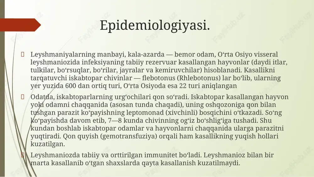 onda biroz leykopeniya bo‘ladi. � kasallikning avj olgan davrida shu xastalikka xos belgilarning barchasi yaqqol namoyon bo‘ladi. isitma barqaror bo‘lib, tana harorati ko‘proq remittik, ba’zan subfebril yoki aksincha, gi perpiretik (39-40°c) tarzda ko‘tariladi. � jigarning va ayniqsa taloqning kattalashuvi visseral leyshmaniozning xos belgilaridandir. taloq 3—6 oy davomida tez kattalashib boradi. kattalashish ko‘proq o‘ngga va pastga qarab bo‘lib, pastgi qirrasi ayrim hollarda chanoq suyagigacha tushadi. ba’zan juda qattiq � kasallikning kaxeksiya yoki terminal davrida bemor juda ozib ketadi, terisi quruq, yupqalashgan, bolalarda xuddi sham singari sarg‘ish ko‘rinishda, kattalarda esa kulrang bo‘lib; kepaklanib turadi, ba’zan mayda qon quyilishlari ko‘riladi. muskullar tonusi keskin pasaygan, jigar va ayniqsa, taloqning juda kattaligi tufayli 105 qorni oldinga qarab shishigan bo‘ladi. bemorning yuzi kepchigan, oyoqlari shishgan, sochlari siyrak va mo‘rt bo‘ladi. ular kam harakat va loqayd bo‘lib qoladilar. ko‘pincha yiringli-nekrotik o‘zgarishlar kuzatiladi. periferik qon manzarasi ko‘rilganda, albatta, asoratli ikkilamchi infeksiyalar (zotiljam, yiring-nekrotik jarayonlar) ni hisobga olmoq zarur. …