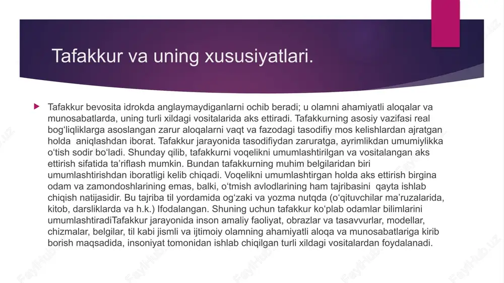 da rivoilan­gainligiga va odamda qiziqish, havaslarning borligiga bog’liqdir aqlning tanqidjyligi o’zining-yoki o’zgalarning fikrlarini haqiqatga mos bo’lish-bo’lmaslik jihatidan tekshira bilishda va shu fikrlarga baho bera bilishda ifodalanadi. aqlning tanqidiyligi aytilgan fikrlarning tur­mush uchun amaliy qiymatini aniqlay bilishda ham ifodalanadi. aqlining «tarnqidiyligi» odamning o`z fikrlariga va o’zganing fikrlash vazifalari boshqa kishilar tomonidan qo’yilganidagina va qo’yilgan vazifalar faqat tayyor shakllarga asoslanib va boshqa kishilar­ning bevosita yordami bilan hal qilinayotganiqagina ozmi-ko’qmi faol ravishda ishga solingan tafakkur nomustaqil tafakkurdir. tafakkurning mustaqilligilli uning boshqa kishilarning tafakkuridan to’la ravishda mustaqil va ajralgan tafakkur tariqasida tushunish yaramay­di, albatta. tafakkurning mustaqilligi haqiqatga olib kelganidagina, odam o’zining fikrlash faoliyatida ilmiy asoslarga, progressiv tashabbuslarning hammasiga tayangandagina bunday mustaqillik qimmatga ega bo’ladi tanqidiy nazar bilan qarashi demakdir. xulosa. tafakkur koʻpgina fan sohalari (falsafa, mantiq, jamiyatshunoslik, ped., fiziologiya, kibernetika, biologiya.)ning tadqiqot obʼyekti hisoblanadi. psixologiyada tafakkur voqelikni umumlashtirish darajasiga, muammoni yechish vositasi xususiyatiga, holatlarning inson uchun yangiligi, shaxsning faollik koʻrsatish darajasiga koʻra bir necha …