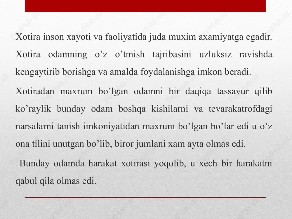 axamiyatga egadir. biz boshimizdan kechirgan va xotiramizda saqlab qolgan xissiyotlar va harakatga undovchi yoki o’tmishda salbiy kechinmalarga ega bo’lgan harakatlardan saqlab qoluvchi signal tarzida namoyon bo’ladi. o’zga kishiga hamdard bo’lish qobiliyati, kitob kaxromoni bilan birga qayg’urish emotsional xotiraga asoslanadi. agar siz boshdan kechirganlarni bir laxzada eslash bilan qizarish, oqarish qobiliyatiga ega bo’lsangiz agar siz qachonlardir boshdan kechirgan baxtsizlik xaqida o’ylashdan qo’rqsangiz, sizda tuygu xissiyot xotirasi yoki emotsional xotira bor deyish mumkin. www.arxiv.uz obrazli xotira tasavvurlar, tabiat va xayot manzaralari, shuning bilan birga, tovushlar, xidlar, ta`mlar bilan bog’liq bo’lgan xotiradir. xotiraning bu turi –ko’rish, eshitish, tuyish, xid bilish va ta`m bilish xotiralaridan iboratdir. agar normal taraqqiy etgan barcha kishilarning xayotiy sharoitlarida kurish va eshitish xotirasi odatda, yaxshi rivojlangan bo’lib, etakchi rol o’ynasa, tuyish xid bilish va ta`m xotiralarini, xotiraning ma`lum ma`noda professional turlari deb atash mumkin. ixtiyorsiz xotiraning xayotimizda naqadar katta o’rin egallaganligini har kim xam o’z turmush tajribasidan biladi. ixtiyorsiz …