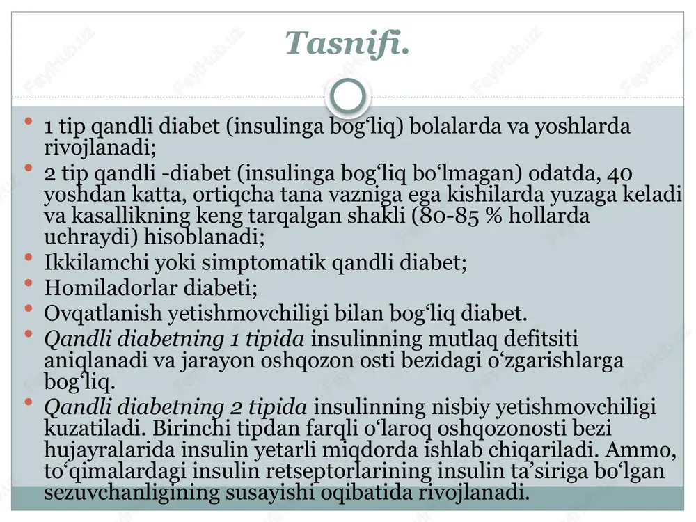 i soatdan so‘ng qonda qand miqdori 11,01 mmol/1 (200 mg/% va yuqori) dan baland bo‘lsa qandli diabet tashhisini tasdiqlovchi belgi hisoblanadi. shuningdek, qondagi immunreaktiv insulin va glyukagon miqdori hamda s - peptidni aniqlash oshqozon osti bezining funksional holati haqida axborot beradi. sog‘lom kishida 4-6 % gemoglobin glyukoza bilan bog’langan holda bo‘ladi va u glikolizirlangan gemoglobin nomi bilan ataladi. ushbu ko’rsatkichning oshishi nafaqat qandli diabet tashhisini tasdiqlash balki kasallikning kompensatsiya davrini nazorat qilish va baholash uchun ham qo‘llaniladi. bundan tashqari, qandli diabetda maxsus oftalmologik tekshiruvlar o‘tkaziladi va buyraklarning funksional holati baholanadi. davolash. parhez 55-60%uglevod, 15-20%oqsil, 20-30%yog’lar mevalar, oqsilga boy mahsulotlar. maninil amaril diabeton glyurenorm insulinoterapiya qandli diabetning asoratlari va ularni davolash kechki yoki surunkali asoratlar diabetik ketoatsidoz bemor organizmida insulinning mutlaq yetishmovchiligi va unga qarshi gormonlarning (glyukagon, katexolaminlar, kortizol, o‘sish gormoni) ko‘payishi oqibatida rivojlanadigan yuqori giperglikemiya (300 mg/% va undan yuqori), giperketonemiya, tizimli atsidoz, elektrolitlar almashinuvining buzilishi va organizmning suvsizlanishi bilan …