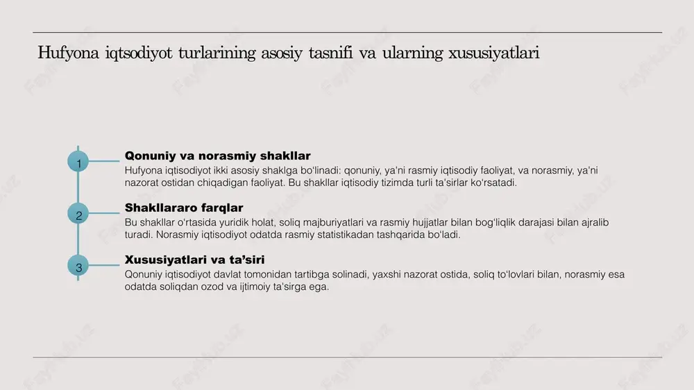 ari orqali yashirin iqtisodiyot faoliyatini kuzatish va nazorat qilish imkoniyatlari kengaymoqda. bu usullar aniqlikni oshiradi. o‘zbekiston sharoitida hufyona iqtisodiyotni aniqlash va nazorat qilish uchun qo‘llaniladigan metodlar 01 hukumat nazorati o‘zbekistonda hufyona iqtisodiyotni aniqlash uchun davlat nazorat organlari va soliq xizmatlari maxfiy iqtisodiy faoliyatlarni monitoring qilishadi. bu usul orqali norasmiy faoliyatlarni aniqlash va nazorat qilish imkoniyati oshadi. 02 muayyan indikatorlar soliq to‘lovlari, ish o‘rinlari va moliyaviy hujjatlar asosida muhim indikatorlar aniqlanadi. bu indikatorlar yordamida hufyona iqtisodiyot darajasi va tarqalishini baholash mumkin. 03 texnologik yondashuvlar zamonaviy texnologiyalar, masalan, big data, sun’iy intellekt va elektron hisob-kitoblar, yordamida norasmiy faoliyatlarni aniqlash va nazorat qilish jarayoni samaraliroq bo‘lmoqda. 04 hamkorlik va axborot almashinuvi hukumat va xususiy sektor o‘rtasida hamkorlik va axborot almashinuvi osonlashtiriladi. bu usul orqali soliq va monitoring tizimlari integratsiya qilinib, norasmiy iqtisodiyotga qarshi kurash kuchayadi. o‘zbekiston sharoitida hufyona iqtsodiyotning aniqlash usullari va muhim indikatorlar. 1 o‘zbekiston sharoitida aniqlash usullari hufyona iqtisodiyotni aniqlash uchun …