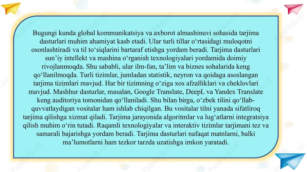 maqolalarni tushunish va o‘rganish jarayonida tarjima dasturlaridan foydalanadilar. google translate va deepl murakkab matnlarni ham tabiiy va aniq tarjima qilishi bilan ajralib turadi. namuna yandex translate esa rus va ingliz tillari orasidagi tezkor tarjimalarda keng qo‘llaniladi. apertium kabi qoidaga asoslangan tizimlar esa grammatik qat’iylikni ta’minlab, qat’iy va aniq tarjima beradi. mobil ilovalar va onlayn platformalar tarjima jarayonini yanada qulaylashtirdi, foydalanuvchilar matnni tez va oson tarzda tarjima qilish imkoniga ega bo‘ldilar. tarjima dasturlari sayohatchilar uchun ham muhim vosita hisoblanadi. ular vizalarga, yo‘llanmalarga, menyular va belgilarga tez tarjima olish imkonini beradi. shuningdek, turli biznes sohalarida hujjatlar, shartnomalar va texnik ma’lumotlarni tarjima qilishda ham qo‘llaniladi. tarjima dasturlari o‘quv jarayonini ham yengillashtiradi, talabalar va o‘qituvchilar chet tilidagi materiallarni tushunish va o‘rganishda yordam oladilar. shu bilan birga, matnning kontekstini hisobga olib, tarjimaning tabiiyligini oshiradi. bu dasturlar ilmiy, texnik, ijtimoiy va madaniy sohalarda samarali qo‘llaniladi. ularning yordamida foydalanuvchilar chet tillardagi matnlarni tezkor, qulay va aniq tarzda …