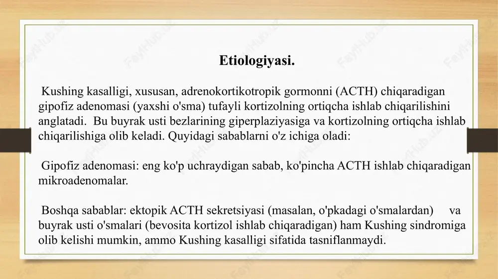 hlatilishi mumkin bo'lgan mifepriston kabi. dofamin agonistlari: ba'zida adenomani qisqartirish uchun ishlatiladi. 3. radiatsiya terapiyasi: jarrohlik qilish mumkin bo'lmaganda yoki operatsiyadan keyingi kasallik qoldiqlari mavjud bo'lganda qo'llaniladi. turlarga an'anaviy radioterapiya va stereotaktik radiojarrohlik kiradi. pasireotid – somatostatinning multiligandli analogi bo’lib,kushing kasalligida,18 yoshdan oshgan neyroxirurgik davo samarasiz yoki mumkin bo’lmagan ya'ni hipofiz bezidan gormon ishlab chiqaruvchi o'simtalar sababli yuzaga keladigan kasallikda qo'llanilishi mumkin. u gormon ishlab chiqarishni ingibir qilish orqali ta'sir qiladi. qo'llanilish dozalari: boshlang'ich dozasi: odatda, oyiga 600 mikrogramm (1 marta). tadqiqotlar natijalari: zaruratga qarab, dozani 900 mikrogrammga kuniga 2marta berilishi effektliroq. davolash davomida bemorning holatini doimiy ravishda uglevod almashinuvi holatini nazorat qilish kerak. kushing kasalligini davolashda dori-darmonlar ular kortizol ishlab chiqarilishini kamaytirish yoki gormonlarning ta'sirini blokirovka qilish orqali kasallik alomatlarini boshqarishga yordam beradi. quyida eng keng tarqalgan dori-darmonlar keltirilgan: 1. ketokonazol: ta'siri: adrenal bezlarida kortizol ishlab chiqarilishini inhibe qiladi. dozasi:200mg kuniga 2-3 mahal.maksimal doza 1000mg sutkada. 2. mitotan: ta'siri: …
