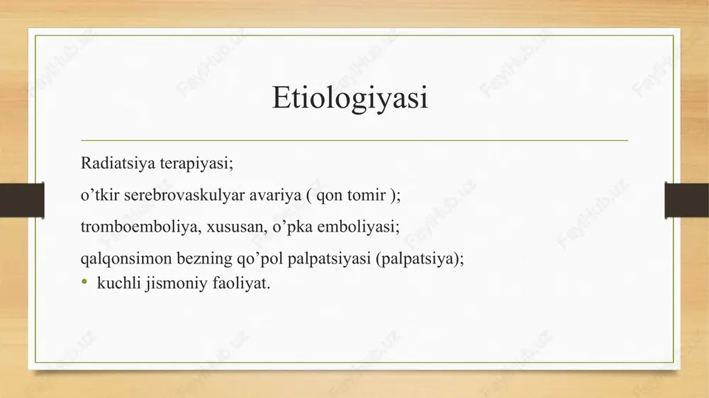 lar qo’llaniladi. asoratlari tirotoksik krizning asoratlari buyrak usti bezlari etishmovchiligining rivojlanishi, og’ir aritmiyalar, yurak etishmovchiligining rivojlanishi, agar o’z vaqtida davolanmasa, bemorning o’limiga olib keladi. profilaktikasi tirotoksikoz belgilarini o’z vaqtida aniqlash kerak. qalqonsimon bezni jarrohlik davolash (qalqonsimon bezni rezektsiya yoki ekstirpatsiya qilish) yoki radioaktiv yod bilan davolash rejalashtirilgan bo’lsa, qalqonsimon bez gormonlarining normal darajasiga erishish uchun tirotoksikozni dastlabki davolash kerak. tireotoksikozni davolash tiroid gormonlarining sintezini kamaytiradigan tireostatiklar (tyrozol, mercazolil) bilan amalga oshiriladi. eutiroidizmga erishilgandan keyingina jarrohlik davolash yoki radioaktiv yod bilan davolash amalga oshiriladi. e’tiboringiz uchun raxmat!!! image8.jpeg image9.jpeg image10.jpeg image11.jpeg image12.jpeg image13.jpeg image14.jpeg image3.png image4.png