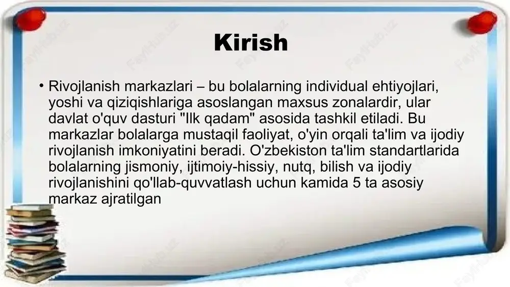 nloviga bog'liq ravishda individual yoki guruhli o'tkaziladi. qo'shimcha markazlar (sport yoki pazandachilik) mintaqaviy xususiyatlarga qarab tashkil etilishi mumkin. bolalarning rivojlanishidagi roli rivojlanish markazlari bolalarning jismoniy faolligini (motorika), ijtimoiy munosabatlarini (do'stlik), nutq ko'nikmalarini (hikoya qilish), bilish qobiliyatlarini (tadqiqot) va ijodiy potentsialini (san'at) rivojlantiradi. ular loyiha faoliyati orqali hafta mavzularini (masalan, "oila") integratsiya qiladi va ota-onalar bilan hamkorlikni ta'minlaydi. natijada, bolalar mustaqil va ijodkor shaxs sifatida shakllanadi. xulosa rivojlanish markazlari maktabgacha ta'limning asosiy elementi bo'lib, bolalarning har tomonlama rivojlanishini ta'minlaydi. ularning samarali faoliyati pedagoglarning professionalizmi va resurslarga bog'liq. ushbu yondashuv o'zbekiston ta'lim tizimida muvaffaqiyatli qo'llanilmoqda va bolalarning kelajagini yorqinlashtiradi. image1.jpeg /docprops/thumbnail.jpeg