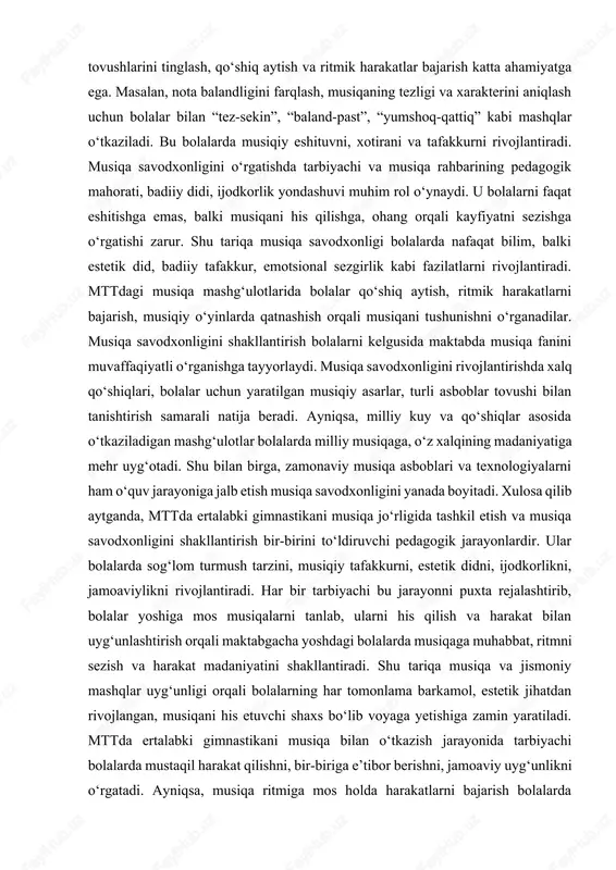 laridan biridir. musiqa savodxonligi deganda bolalarga musiqaning eng sodda tushunchalari — tovush, ohang, ritm, temp, dinamika, baland-pastlik, nota belgilarining ma’nosi va ularni amaliy faoliyatda qo‘llashni o‘rgatish tushuniladi. bu jarayon musiqa mashg‘ulotlari, qo‘shiq aytish, ritmik harakatlar va musiqiy o‘yinlar orqali amalga oshiriladi. maktabgacha yoshdagi bolalarda musiqa savodxonligini shakllantirish jarayoni o‘yin, harakat, tinglash va ijro elementlarini o‘z ichiga oladi. bolalarga musiqaning elementlarini tushuntirishda jonli ijro, turli musiqa asboblarining tovushlarini tinglash, qo‘shiq aytish va ritmik harakatlar bajarish katta ahamiyatga ega. masalan, nota balandligini farqlash, musiqaning tezligi va xarakterini aniqlash uchun bolalar bilan “tez-sekin”, “baland-past”, “yumshoq-qattiq” kabi mashqlar o‘tkaziladi. bu bolalarda musiqiy eshituvni, xotirani va tafakkurni rivojlantiradi. musiqa savodxonligini o‘rgatishda tarbiyachi va musiqa rahbarining pedagogik mahorati, badiiy didi, ijodkorlik yondashuvi muhim rol o‘ynaydi. u bolalarni faqat eshitishga emas, balki musiqani his qilishga, ohang orqali kayfiyatni sezishga o‘rgatishi zarur. shu tariqa musiqa savodxonligi bolalarda nafaqat bilim, balki estetik did, badiiy tafakkur, emotsional sezgirlik kabi fazilatlarni …